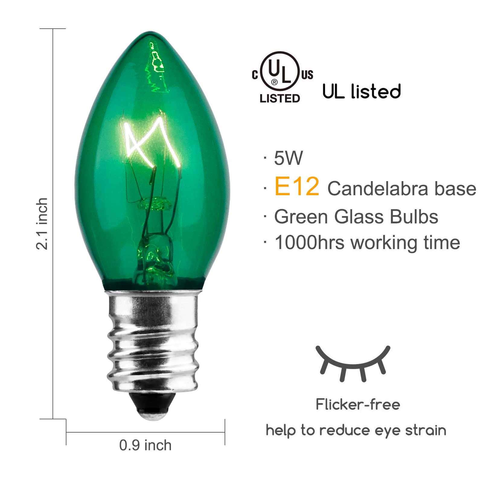 Brightown 50 Pack C9 Incandescent Bulb Green, C9 Christmas Replacement Light Bulb For Christmas String Light, E17 Intermediate Base, 7 Watt, Green