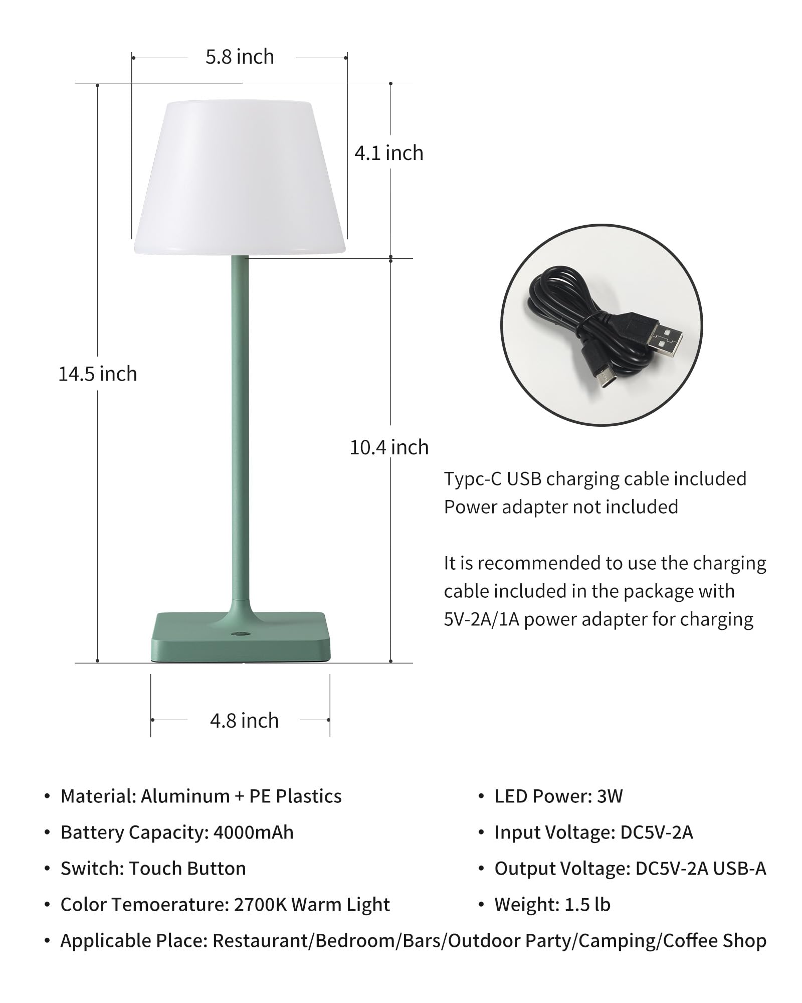 Newsee 14.5'' Small Cordless Touch Table Lamp Green, Waterproof Shower Lamp Set Of 2, 4000Mah Rechargeable Battery Powered Dimma