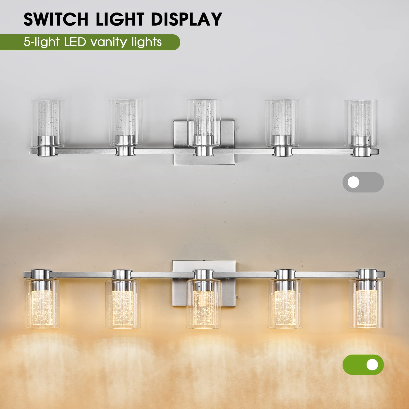 Zhizenl 5-Light Bathroom Light Fixtures, Brushed Nickel Vanity Lights, Dimmable LED Bathroom Vanity Light Over Mirror, Modern Cr