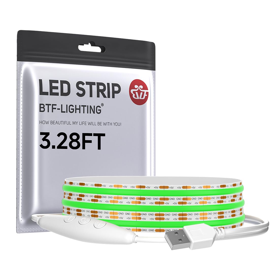 BTF-LIGHTING FCOB COB FOB LED Band Lights 5V USB Powered 3.28FT 320LEDs Green Color 8mm Width Dimmable CRI 90+ with 3M Tape Flexible High Density for 3D Printer TV Backlight PC DIY Decor