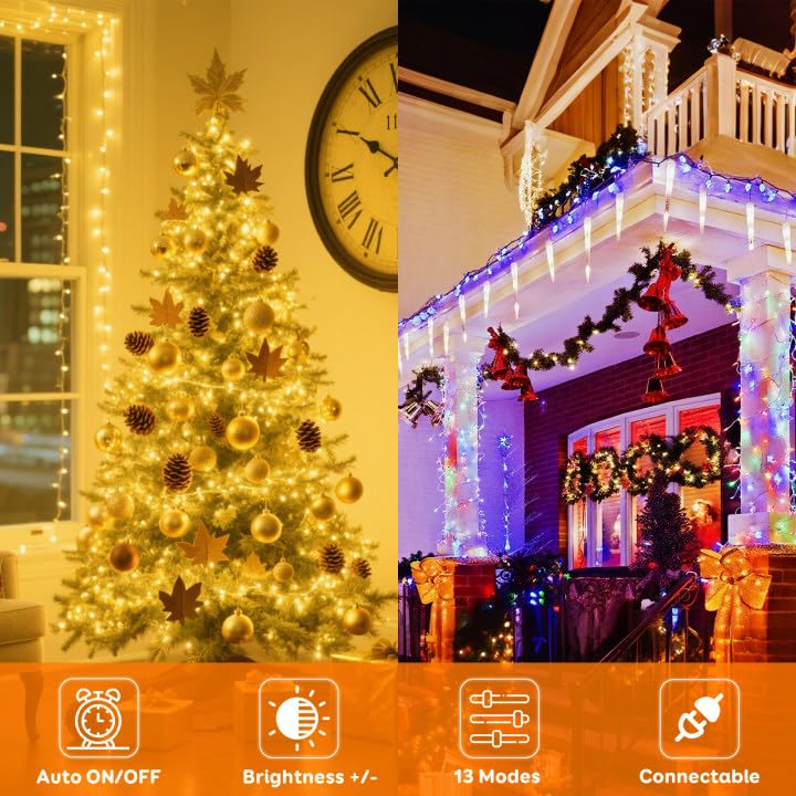 KAQ 88FT Connectable String Lights, 240LED, Warm White & Multicolor, Clear Wire, Model MLS-D29V6WUIC-O, Indoor/Outdoor Decor