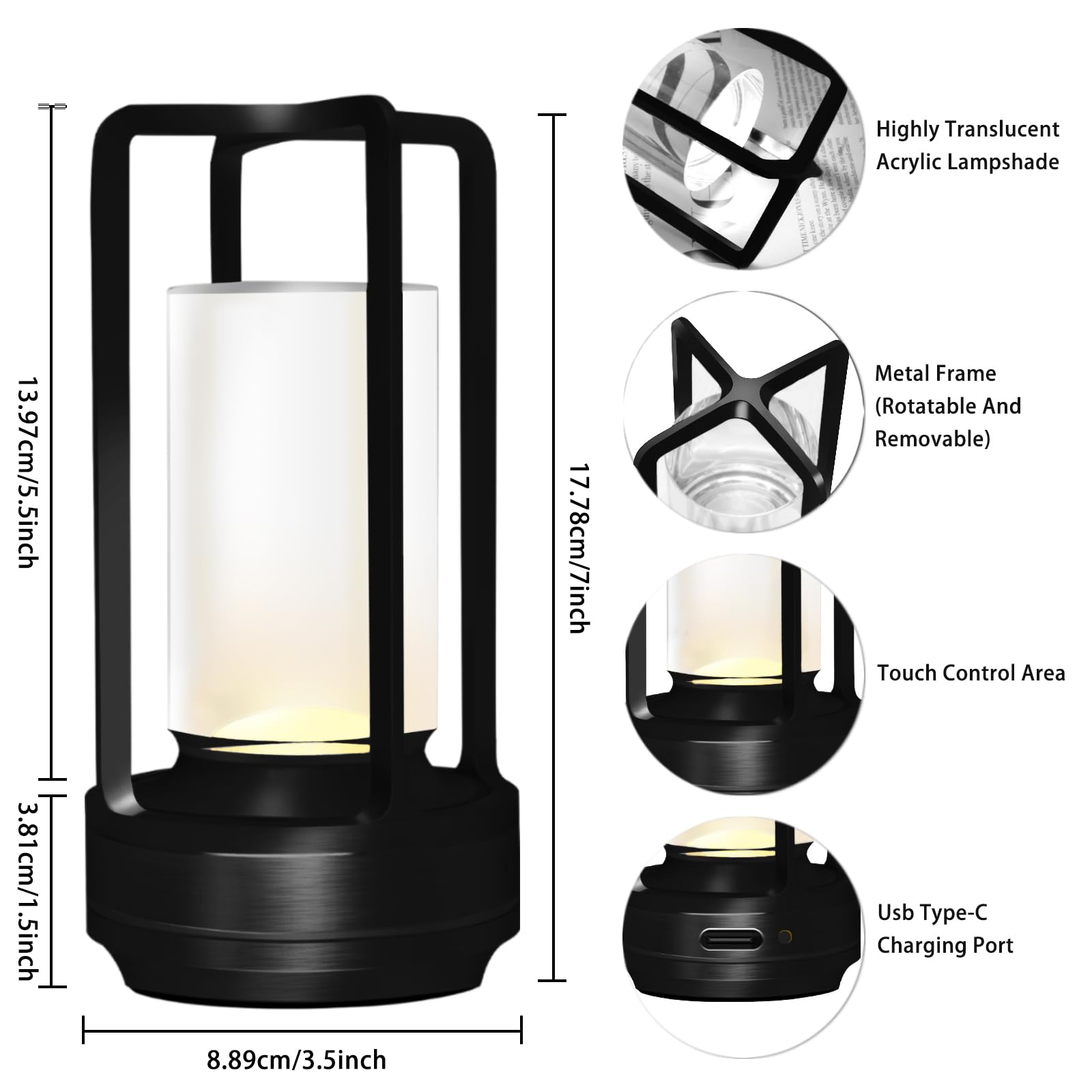 MEINV Cordless Table Lamp - Portable Crystal Lantern, Touch Control, 3 Dimmable Colors, Small, Black, Model CTL001