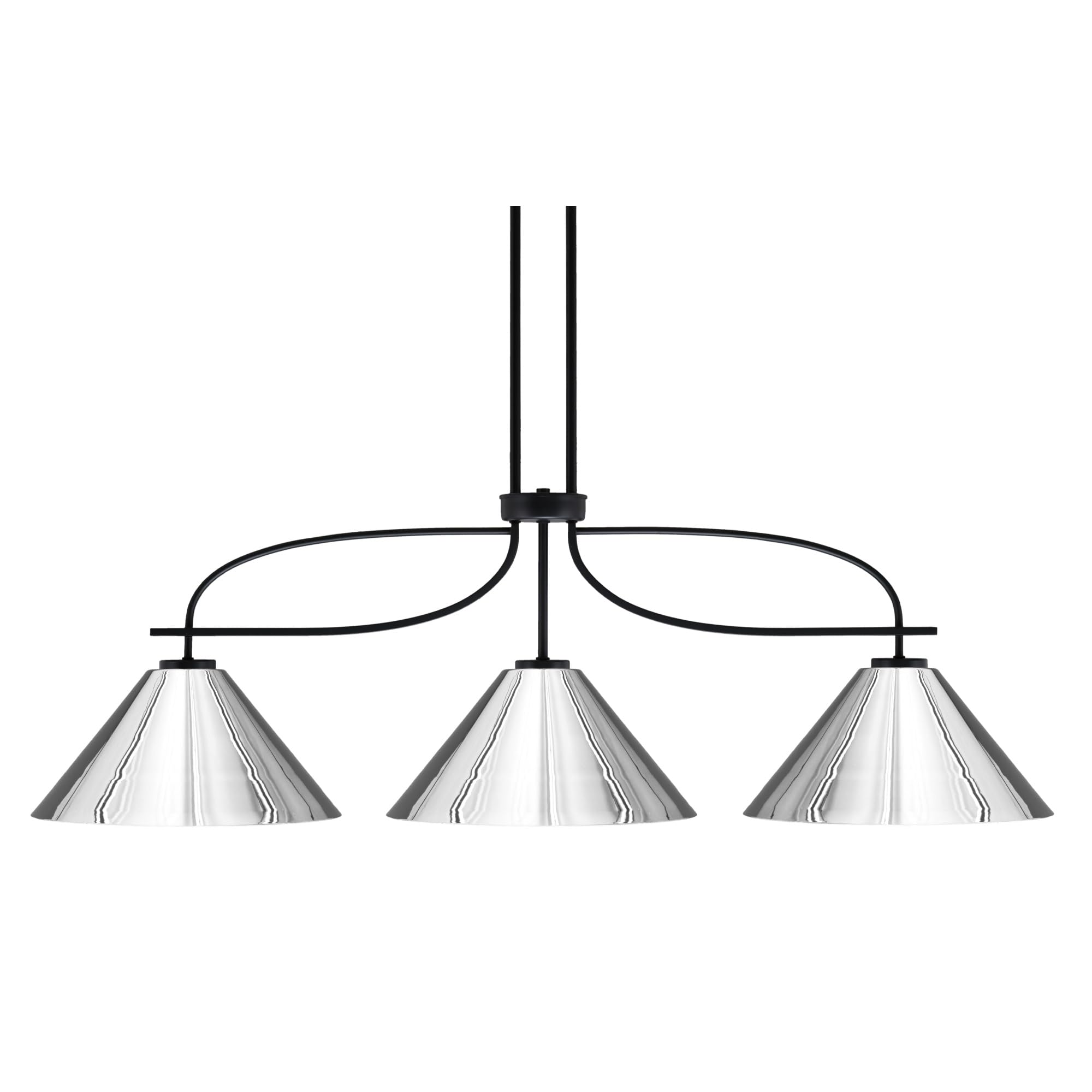 Cavella 3 Light Island Light Shown in Matte Black Finish with 14&quot; Chrome Cone Metal Shades