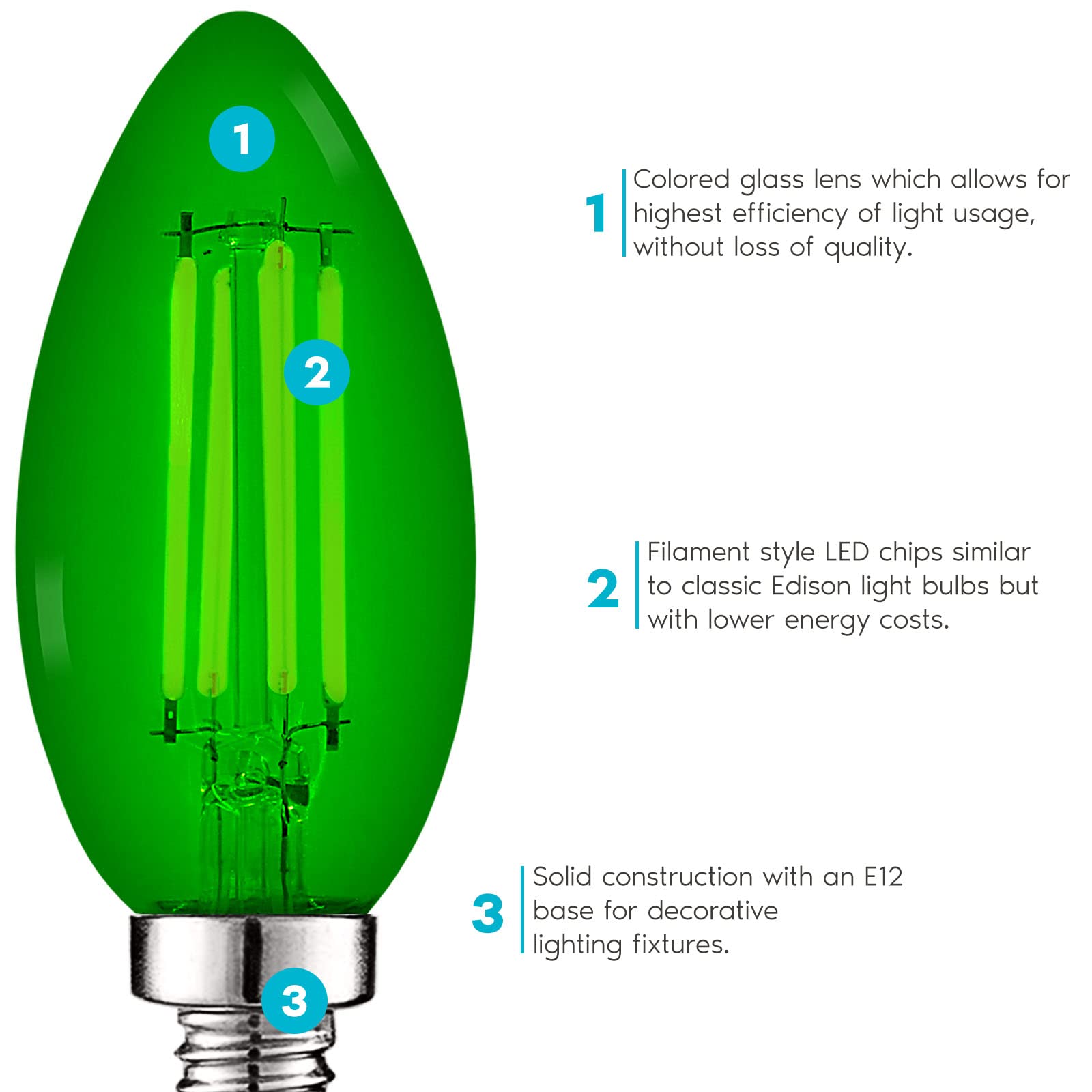 LUXRITE E12 LED Filament Bulb, Green Glass, 4.5W (40W Equivalent), Candelabra Base, 3 Count, Model LR21742-3