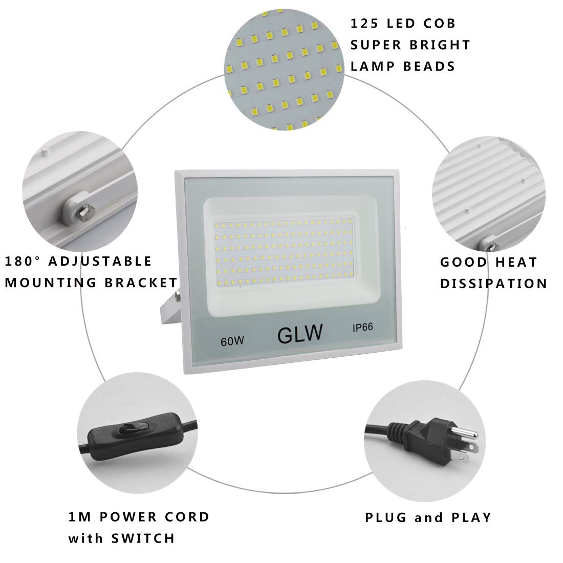 Glw Led Flood Lights 60W 3 Pack, 6000Lm Super Bright Floodlight Ip66 Waterproof Outdoor Security Work Light With Plug, 6000K Day