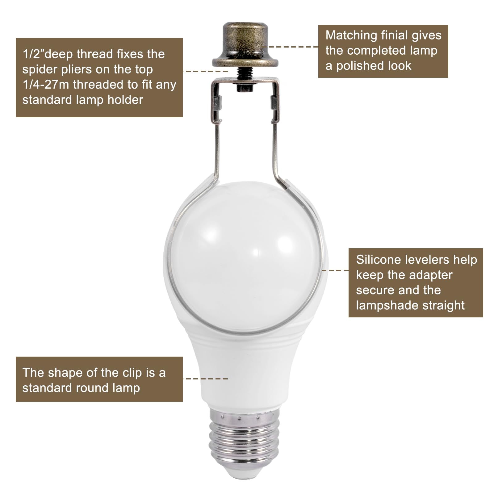 Lamp Shade Holder,Lamp Shade Light Bulb Clip Adapter,Clip On Lampshade Adapter Includes Finial And Lampshade Levellers,Spring Cl