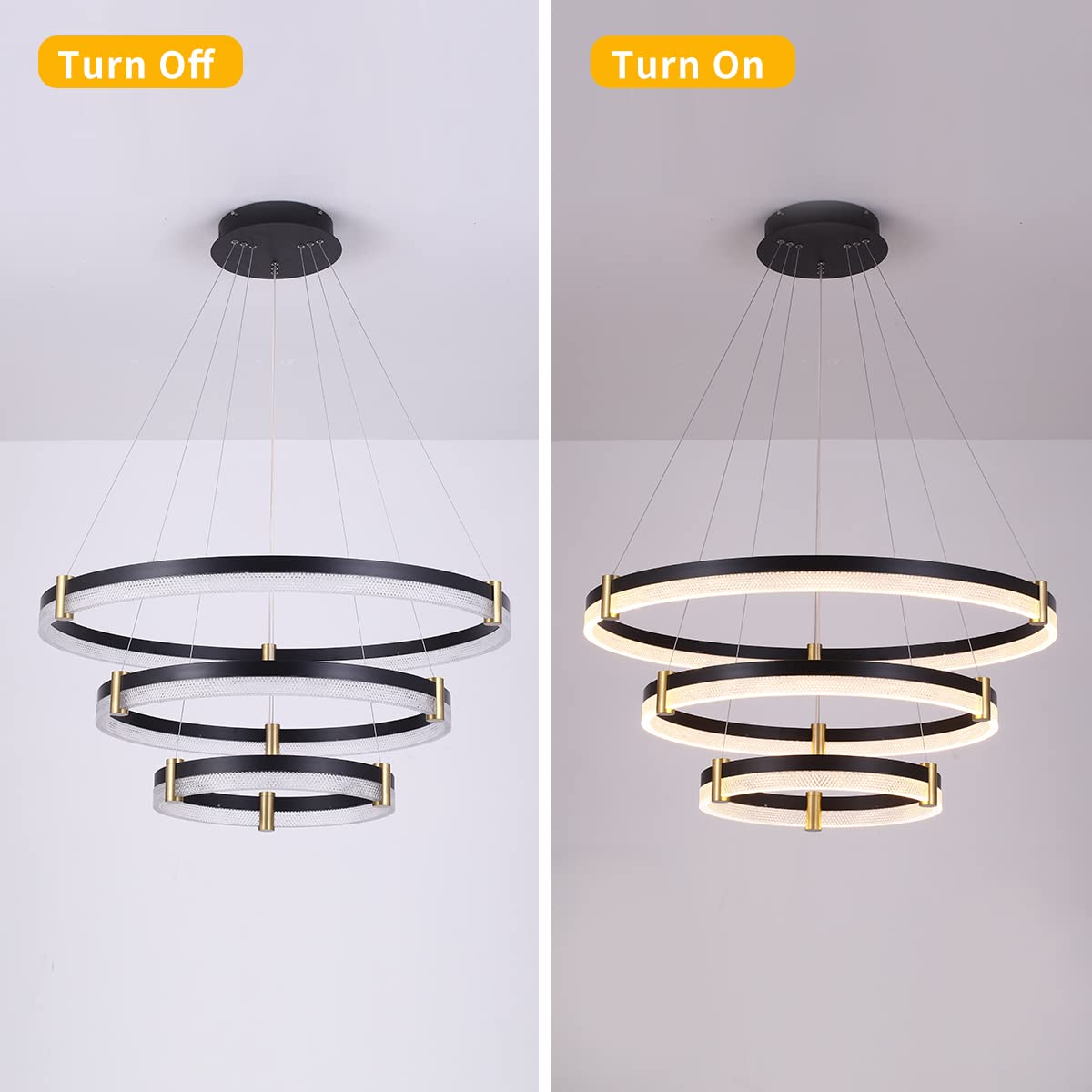 Siittoo Modern Crystal Chandelier Light Fixture  Dimmable Led Acrylic Pendant Lighting  Adjustable Black Chandelier For Dining Living Room Bedroom Kitchen (3 Rings  57W  F31.5+23.6+15.8)