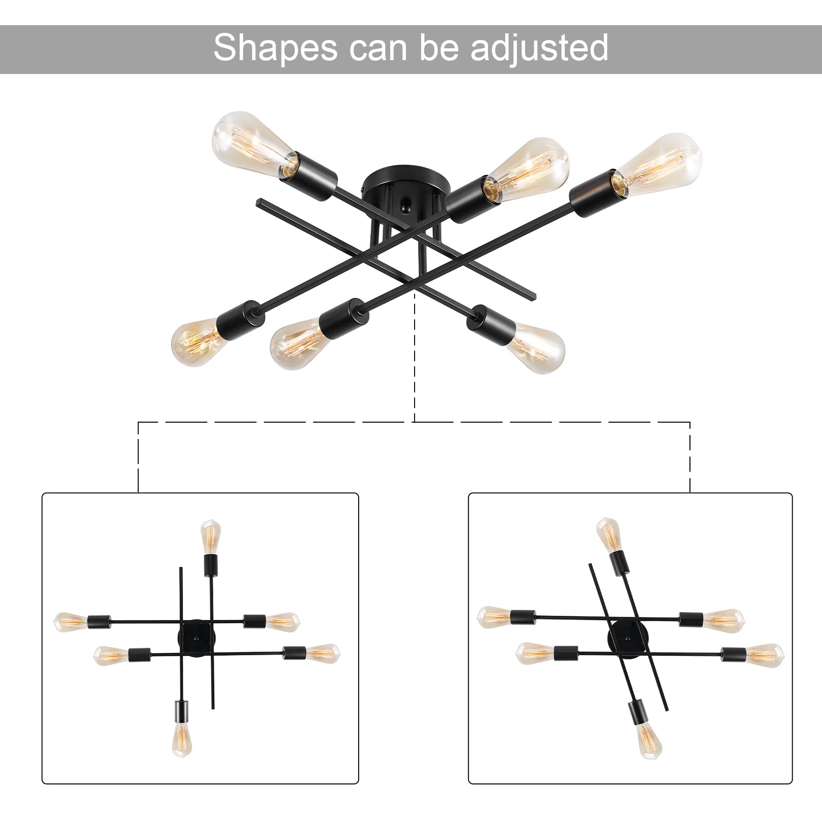 Brknit 6-Light Sputnik Chandelier, Modern Black Semi Flush Mount Ceiling Light Fixture