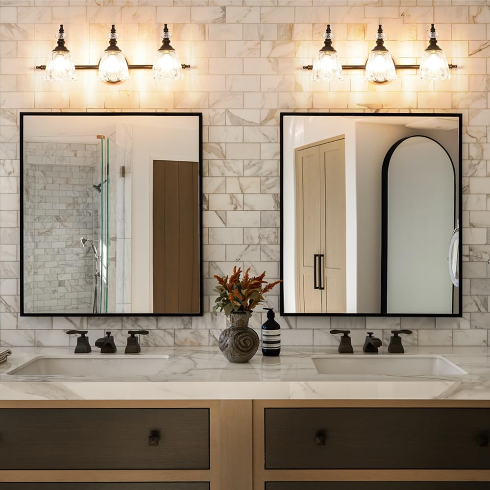 Ditoon Matte Black Bathroom Vanity Light, 3-Light Glass Shade Wall Sconce, Model DX230004V