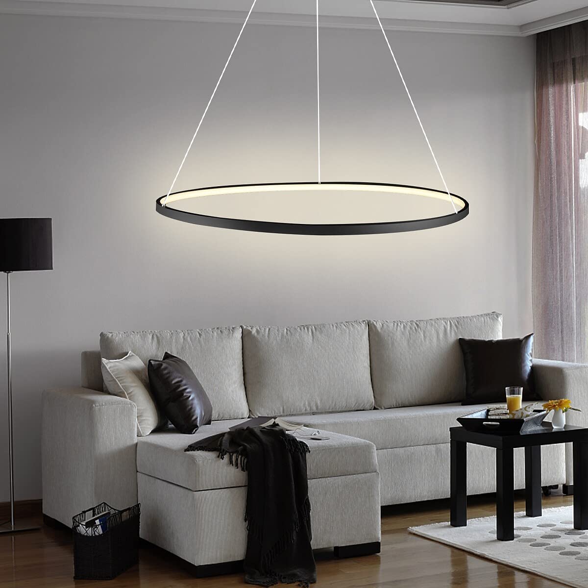LightInTheBox Modern Pendant Light LED Ring Chandelier 23.6in  Black Dimmable Metal Acrylic for Living Room Dining Bedroom