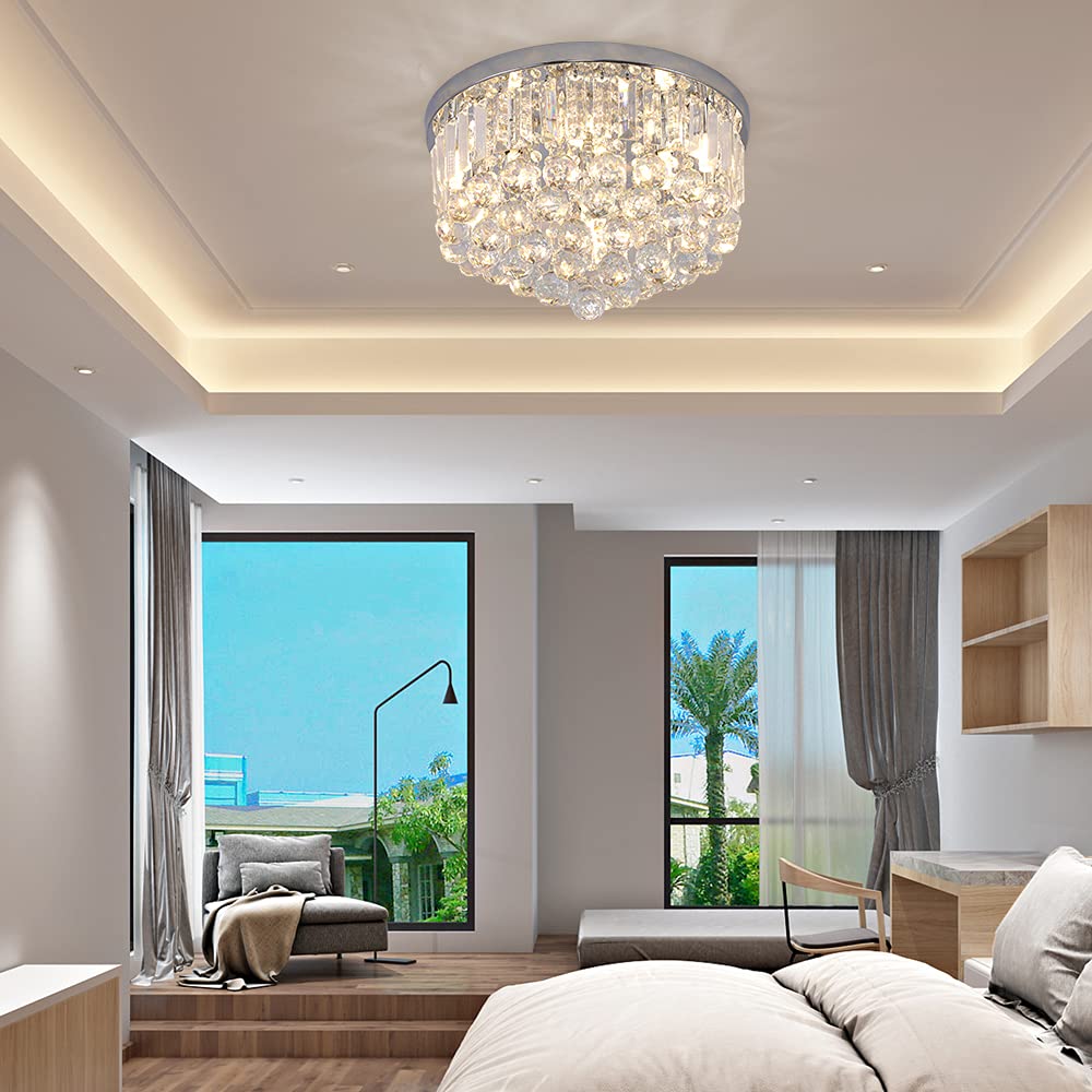 Gopmmy Modern K9 Crystal Raindrop Chandelier, Chrome Flush Mount Pendant Light 16In