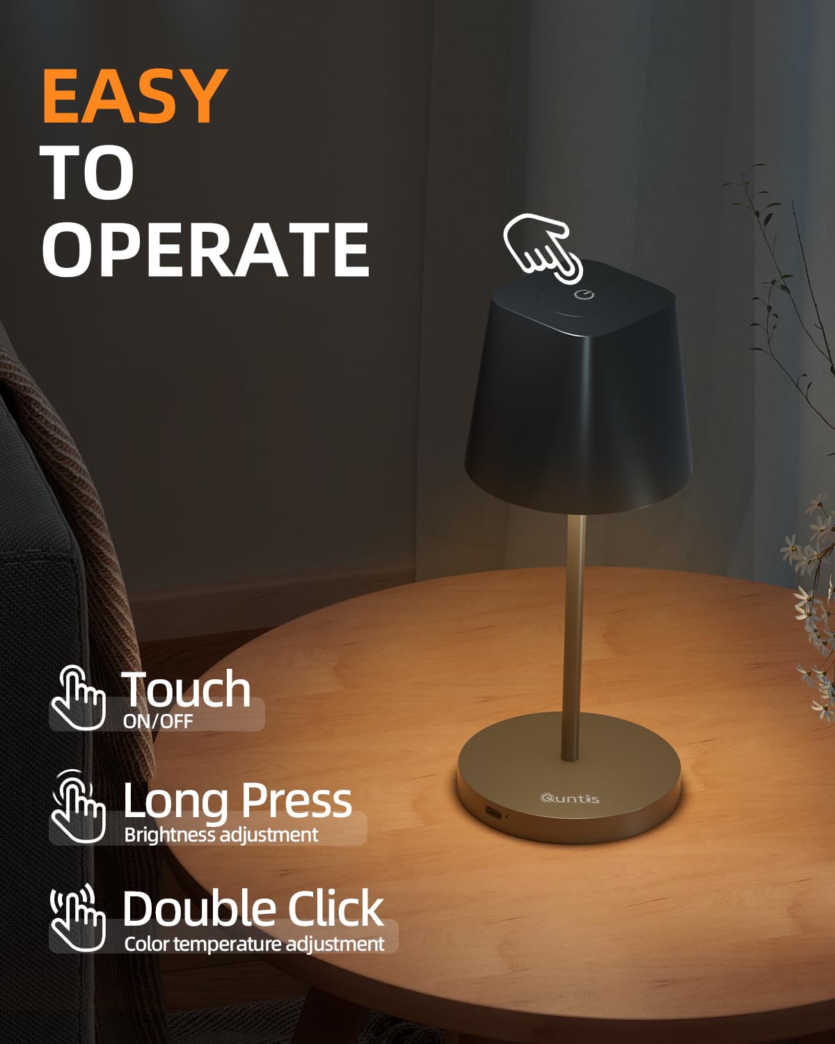 Quntis Cordless Led Table Lamp Set Of 2, Touch Control, Rechargeable, Dimmable - Black