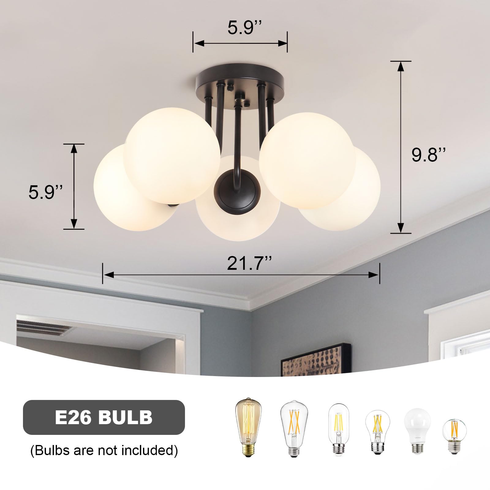 Bektas 5-Lights Semi Flush Mount Ceiling Light Fixture Matte Black Light Fixture Bend Modeling With Milk Glass Globe For Bedroom,Living Room,Dinning Room Foyer Hallway