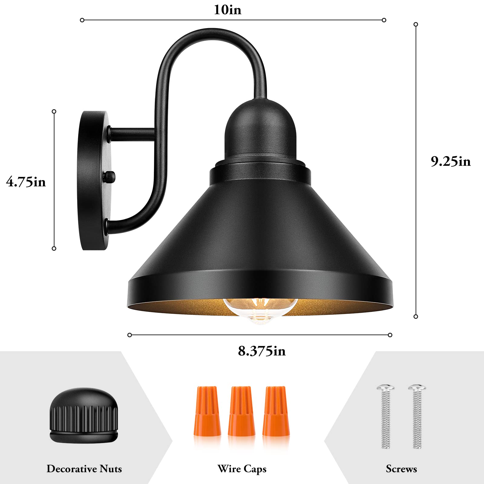 Brightever Gooseneck Outdoor Light Fixtures, 2-Pack Black Metal Barn Lights, 9.25IN, Industrial Style, E26 Base, Anti-Rust