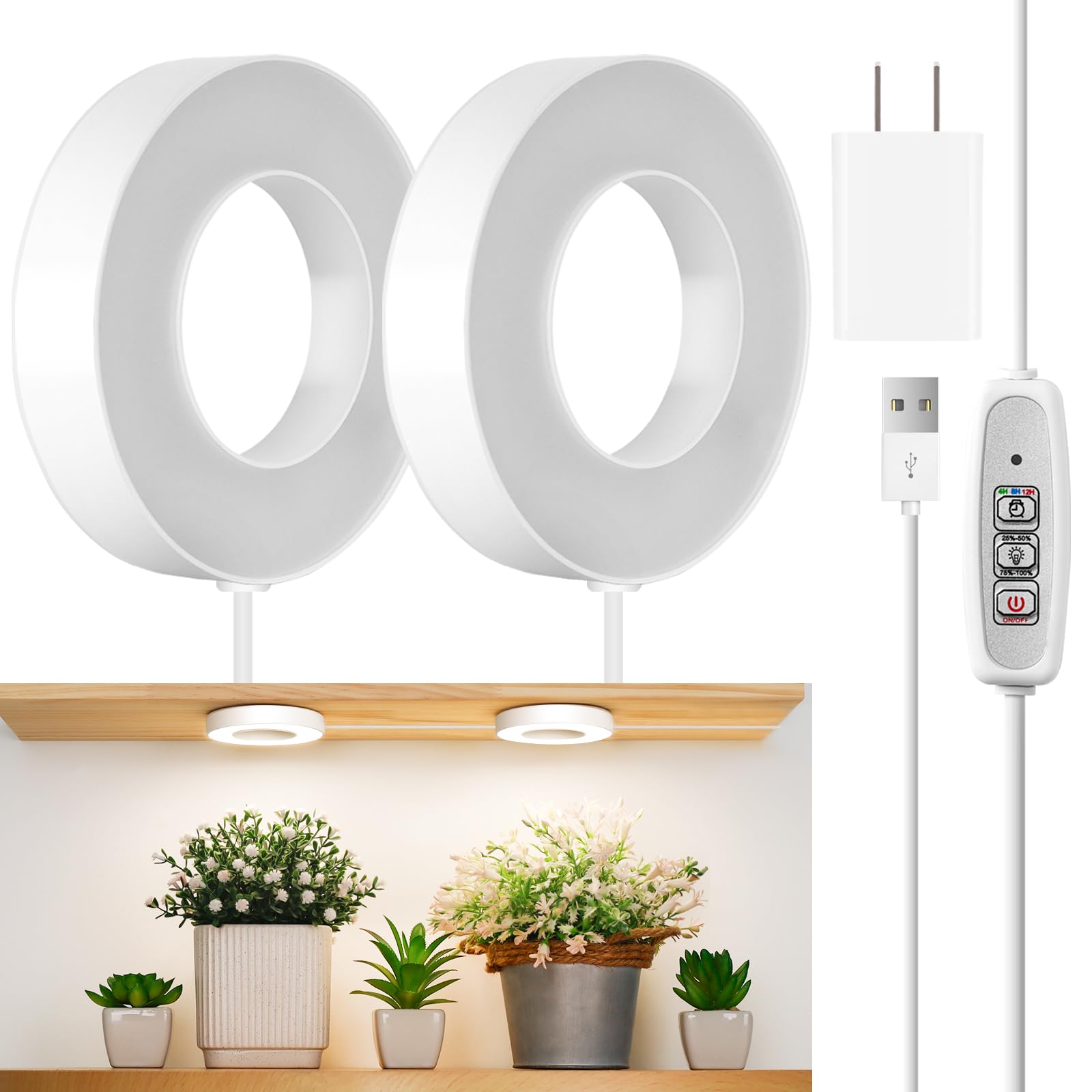 Saviler Ceiling Grow Light For Indoor Plants, 3.54&quot; Small 96 Leds Under Cabinet Plant Light With 4/8/12 Timer, 4 Dimmable Brightness Mode, Dual Head, Cord