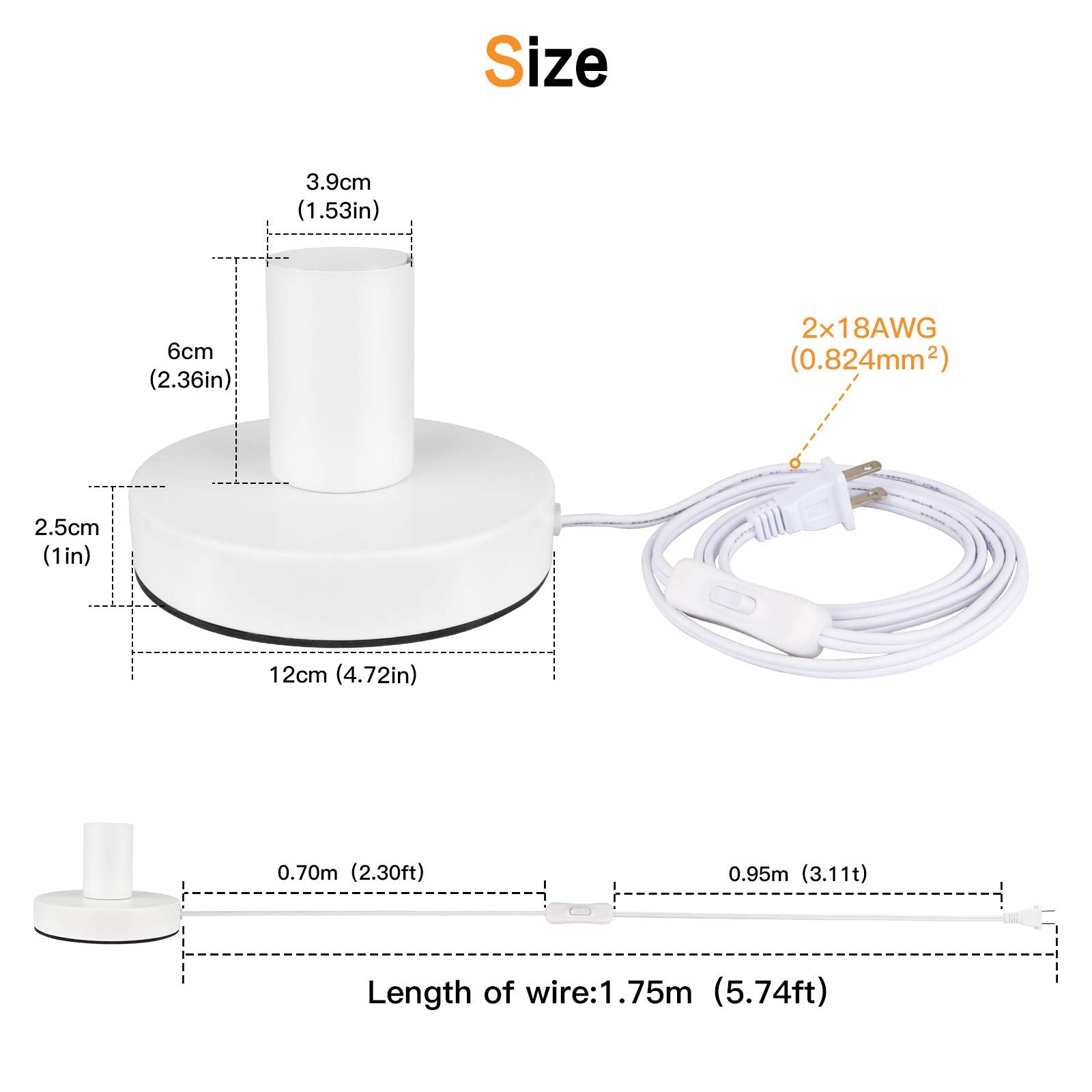 Helunsi E26 E27 Industrial Table Lamp Base, White Metal Mini Desk Lamp With 5.8Ft Cord