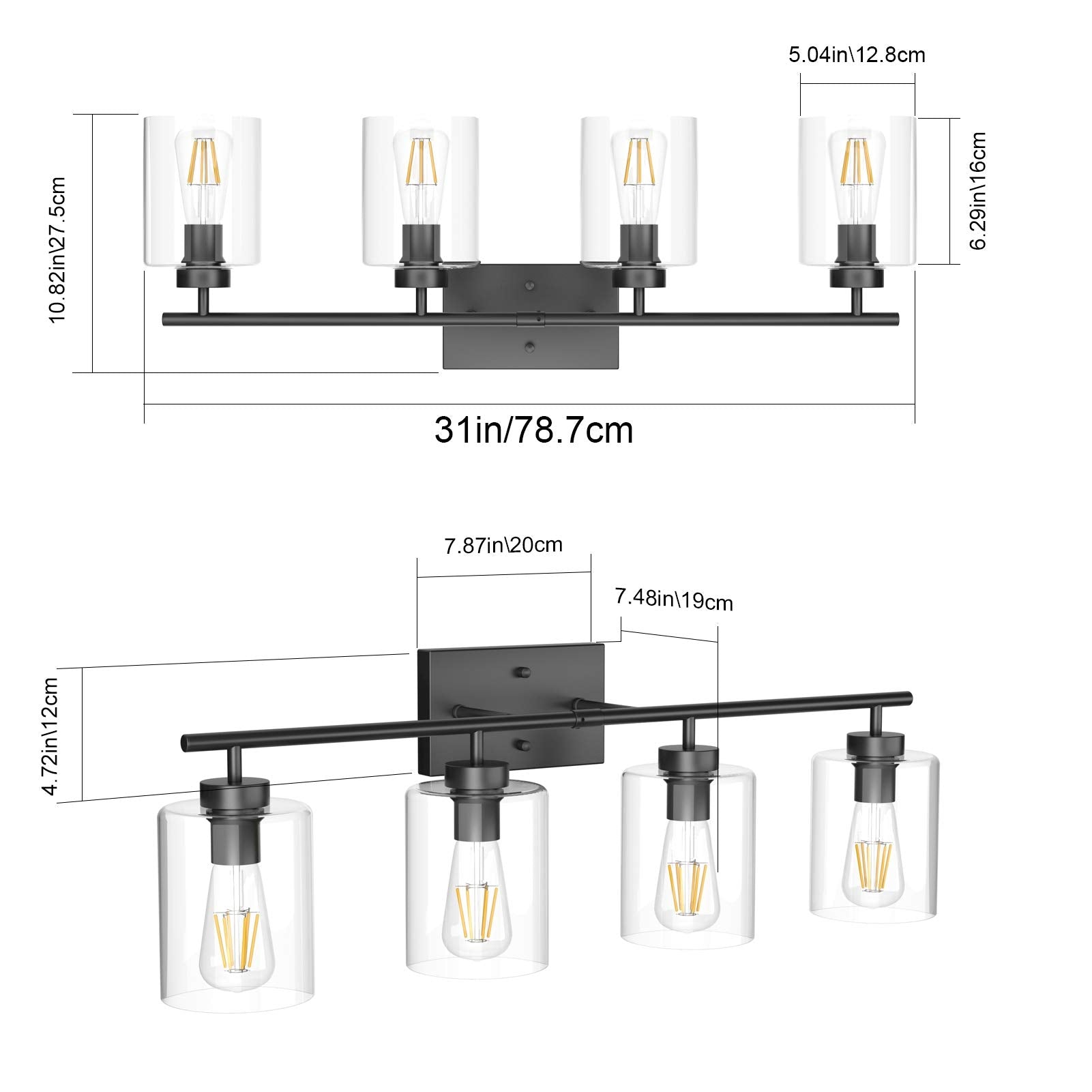 Aipsun Black Bathroom Vanity Light Fixture - 4 Lights, Clear Glass Shades, 31 Inch, Model 2083-4T