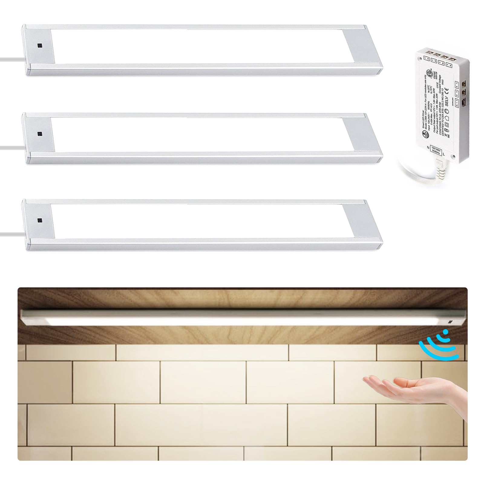 VST Hand Wave Activated Under Cabinet Lights Plug in, Closet Lights, Stepless Dimming Lighting for Kitchen Shelf Cupboard Closet