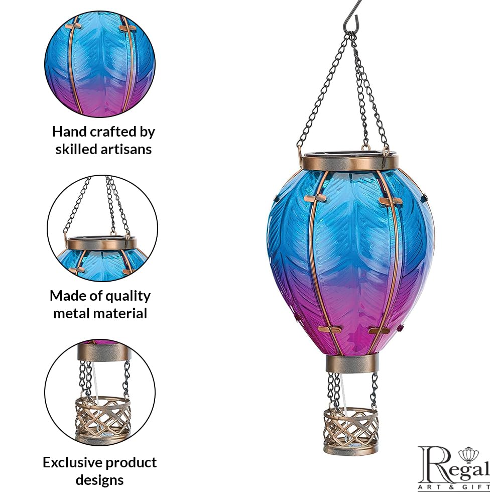 Regal Art & Gift Solar Hot Air Balloon Lantern - Waterproof LED Lamp, Metal & Glass, Small, Blue, Model 12767