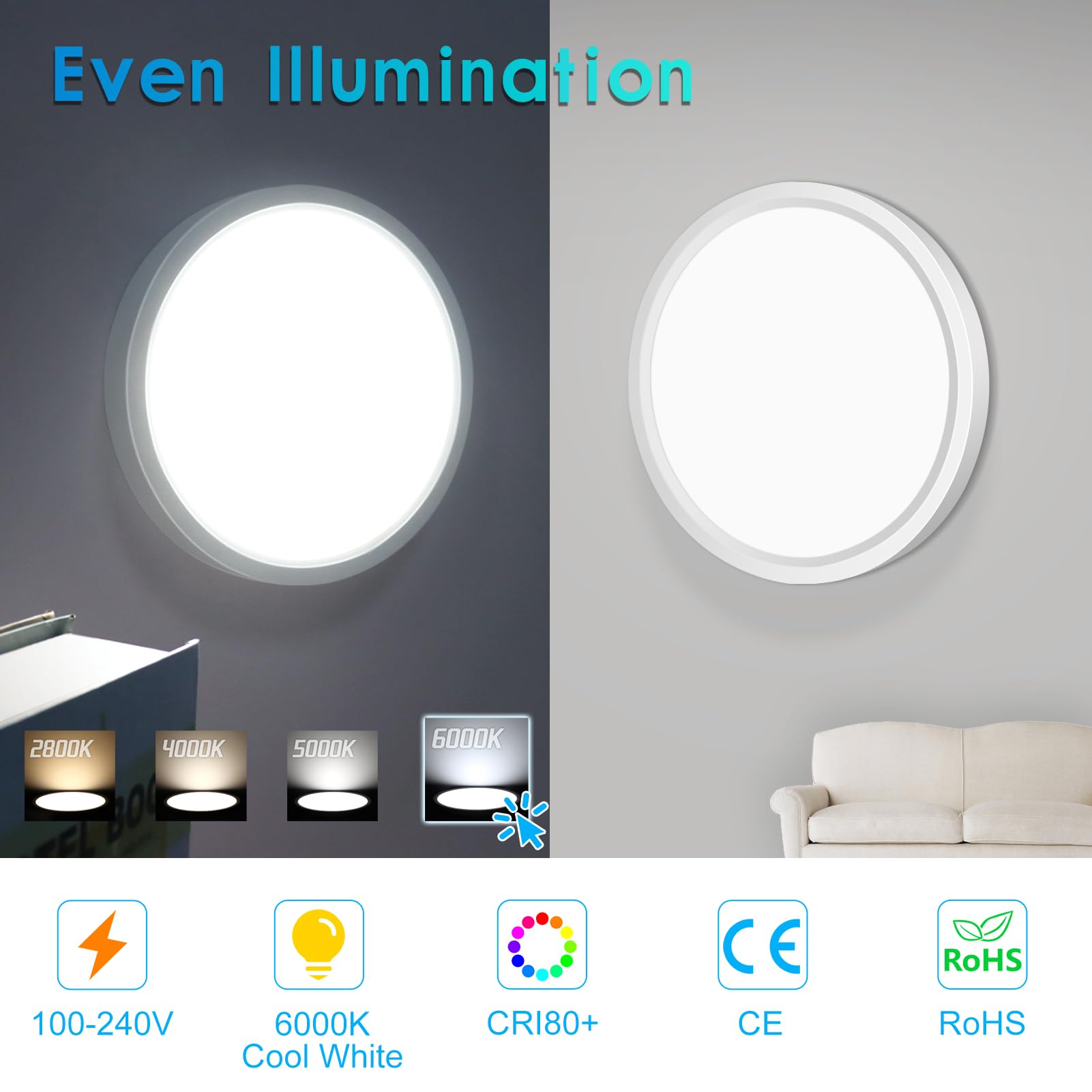 Lightingwill 7 Inch Led Flush Mount Ceiling Light Fixture, 6000K Cool White, 1500Lm, 12W, Flat Modern Round Lighting Fixture, 12