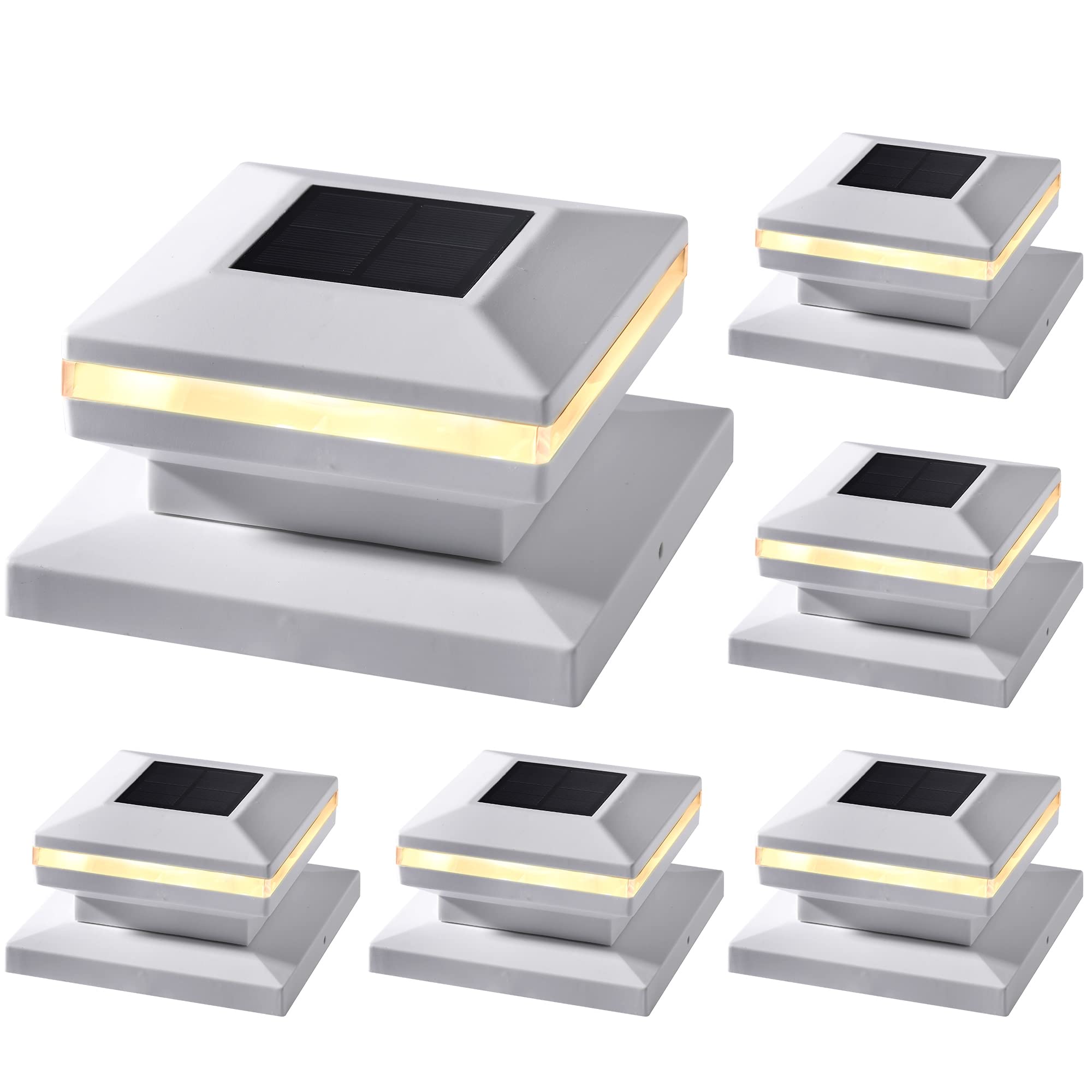 Dynaming 6 Pack Solar Post Lights, Outdoor Decorative Post Cap Light, Solar Powered White Shell Caps, Brightness Warm White LED 