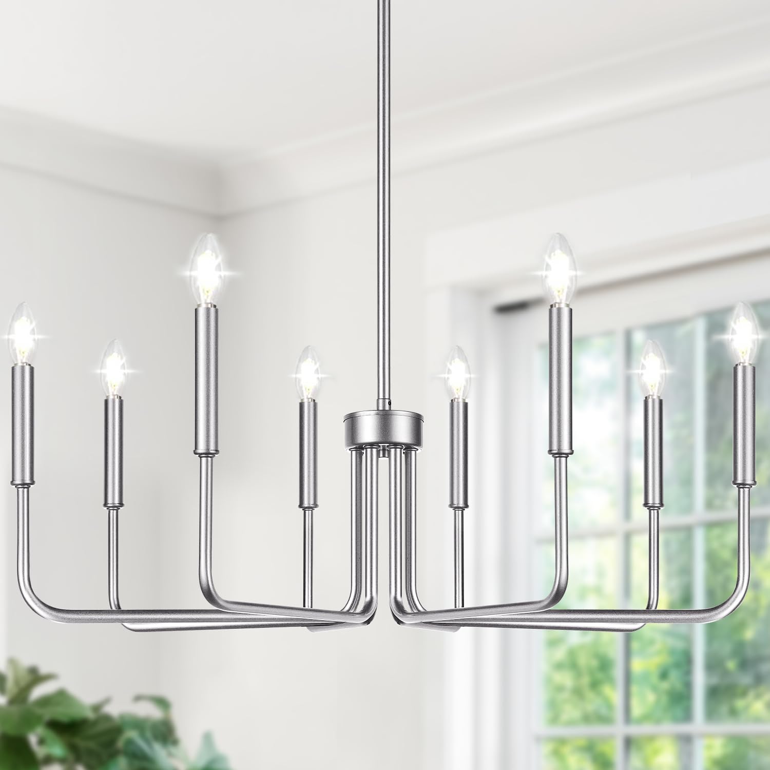 Lynnoland 8-Light Farmhouse Chandelier, Brushed Nickel Metal Lighting Fixture, Model L220028P8 for Dining Room, Kitchen, Foyer, Living Room