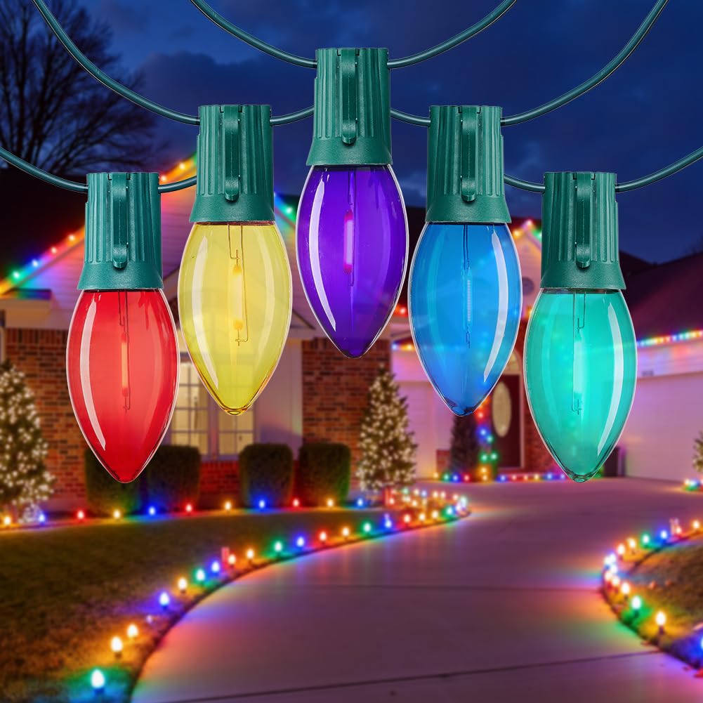 C9 Led Christmas Lights Outdoor  100 Ft 100 Colored Bulbs Vintage C9 Connectable String Lights For Christmas Tree Roofline Patio Garden Backyard Holiday Party Indoor Outdoor Decoration  Green Wire