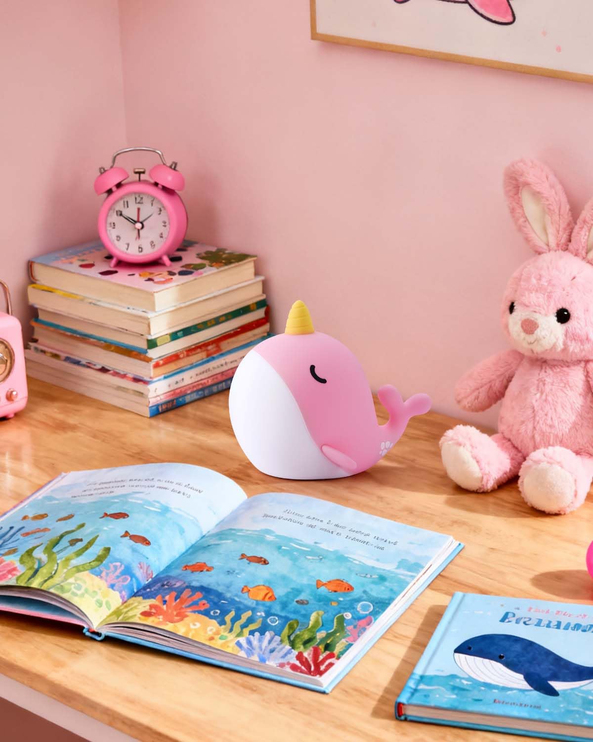 Fuloon Narwhal Night Light With Whale Shape  Squishy Silicone Kids Lamp  Safe & Soothing Touch Control For Kids And Babies  Usb-C Rechargeable  30-Min Auto Timer  Gift Idea (Pink)