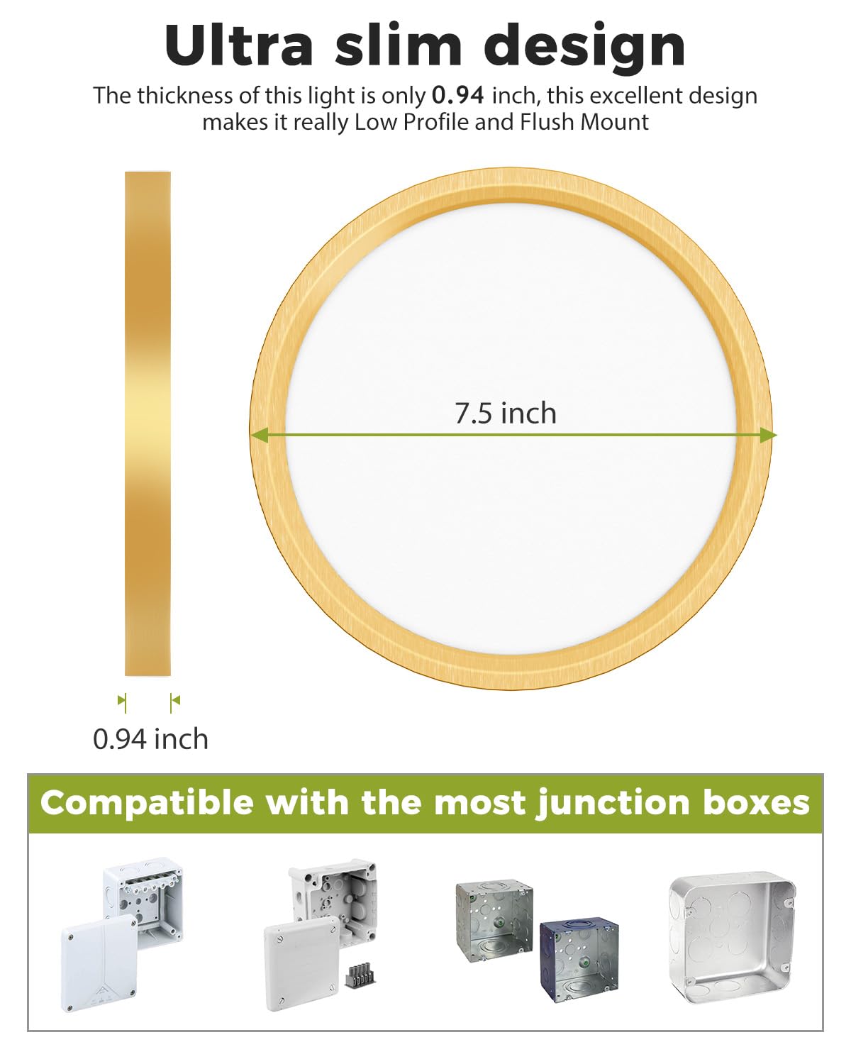 hepside LED Flush Mount Ceiling Light, 3CCT 3000K-4000K-6500K, 15W 1500Lm, 7.5 Inch, Gold