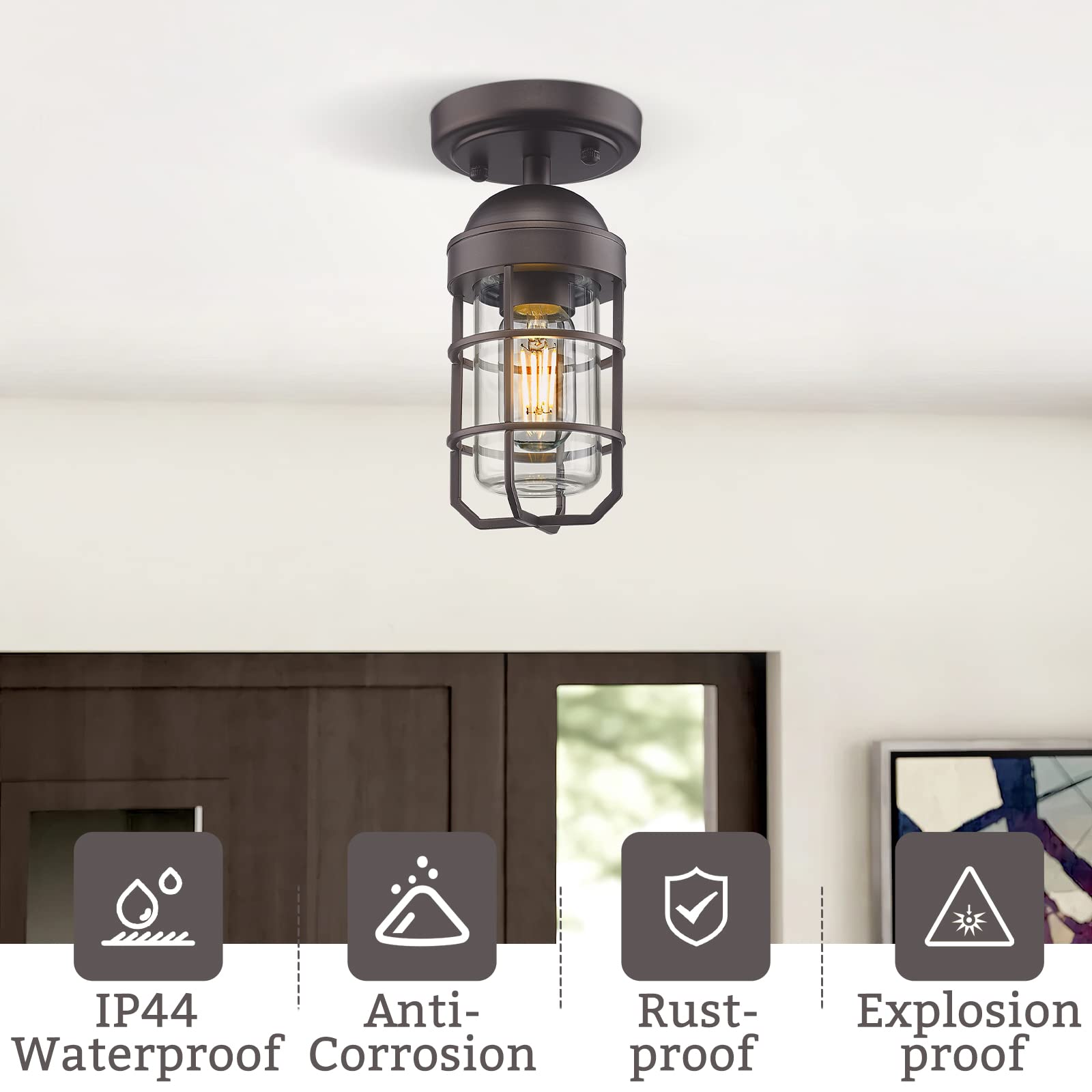 Emliviar Farmhouse Ceiling Light, Vintage Semi Flush Mount Light for Indoor, Security Light with Clear Tempered Glass, Oil Rubbe