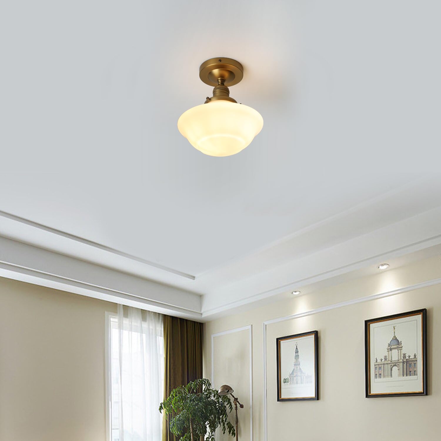 Pathson Vintage Flush Mounted Ceiling Light, Brass, Milk White Glass Shade, Model XLUS1142X