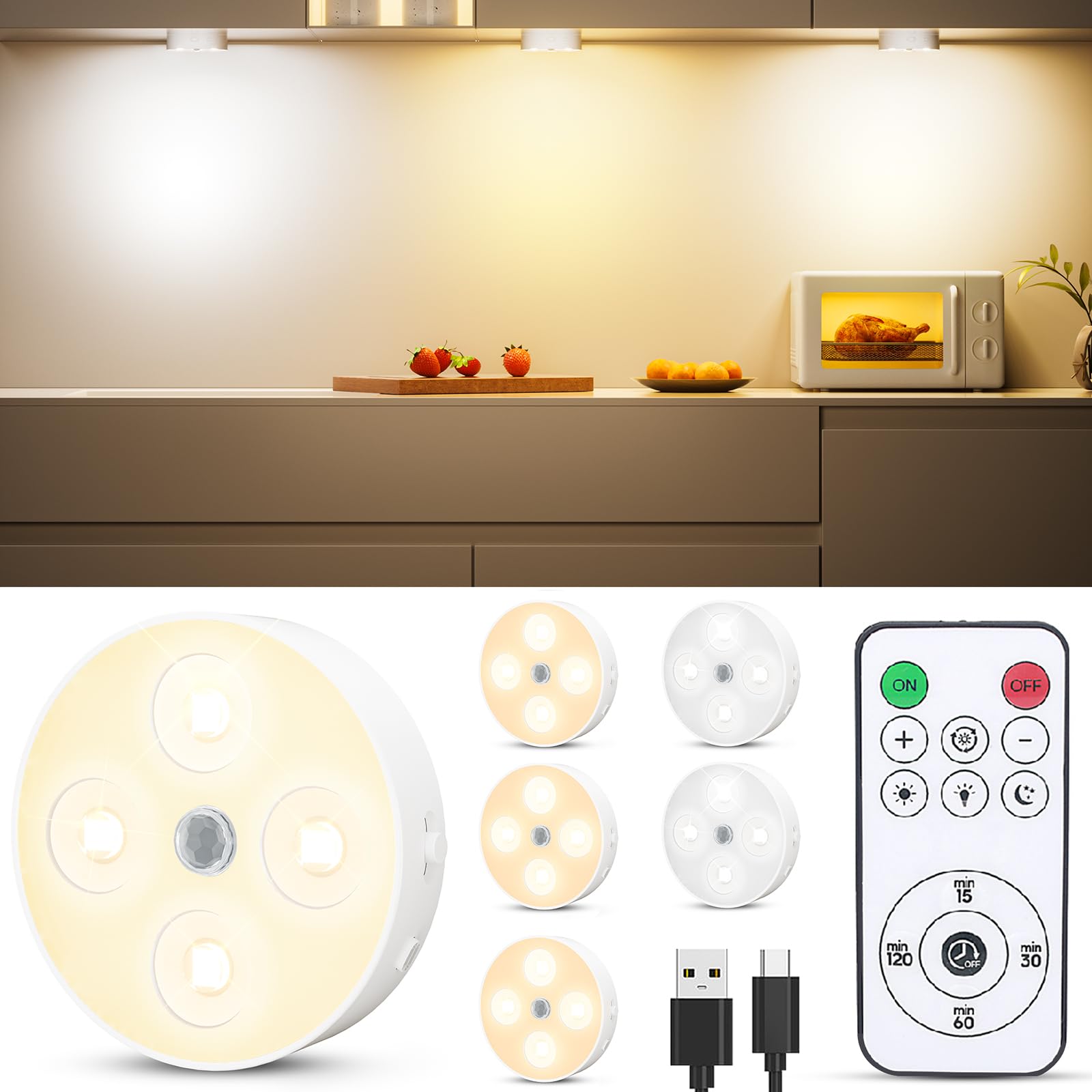 Under Cabinet Lighting  1500Mah Rechargeable Motion Sensor Puck Lights With Remote  3 Color Temper  Magnetic Stick On Light  Dimmable Under Counter Lights For Kitchen  Shelf  Closet  Stair  6Pack