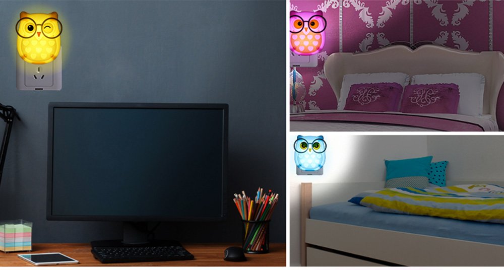Fuwinet 2 Pcs Owl Led Plug In Night Light For Kids- Wall Lamp Take Good Care Children Sleep Light Sensor Auto Controlled Nightlights For Baby Nursing (Blue+Pink)