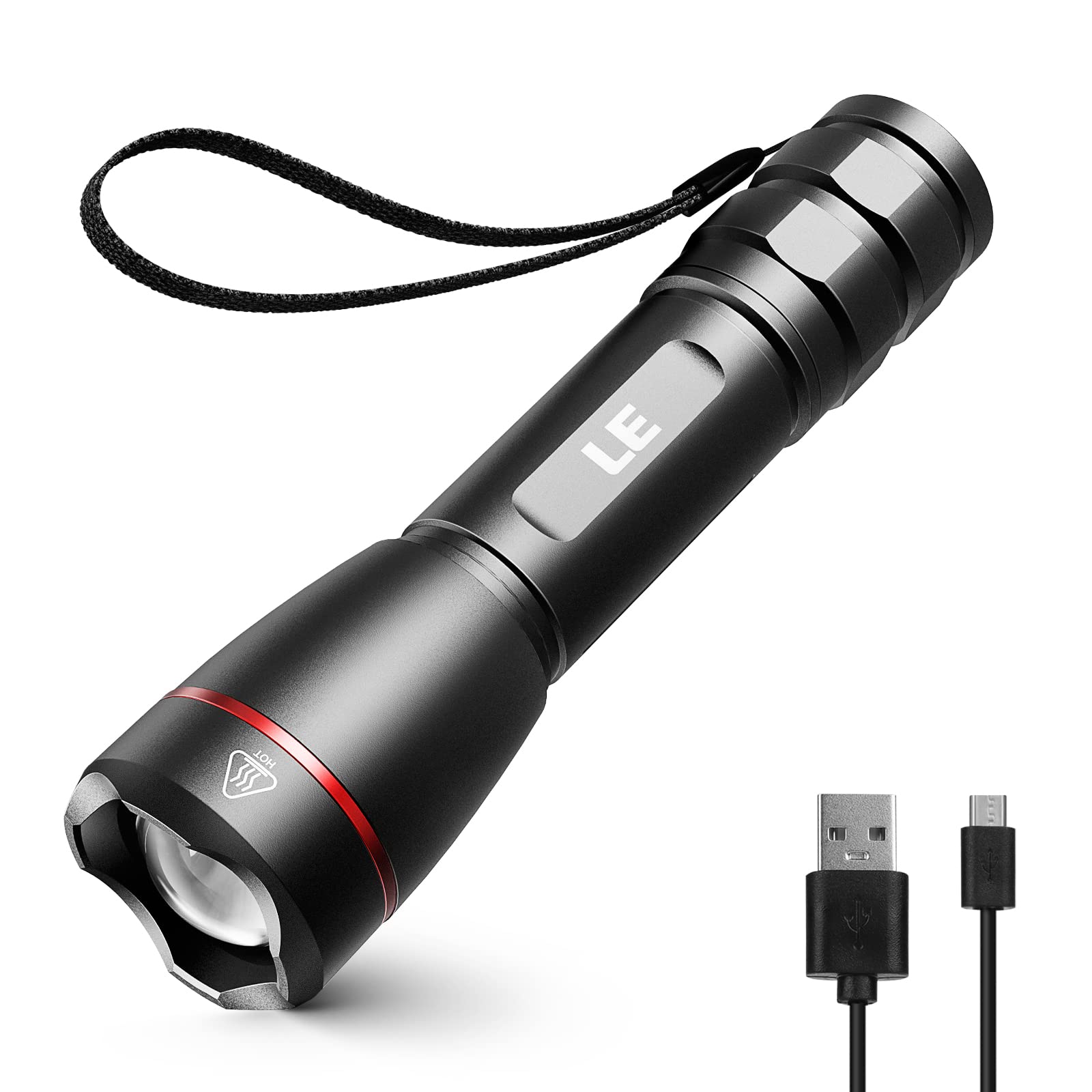 LE Rechargeable Flashlight S1000, 3000 Lumens, Waterproof, 5 Lighting Modes, Black, Aluminum, Compact for Camping and Emergencies