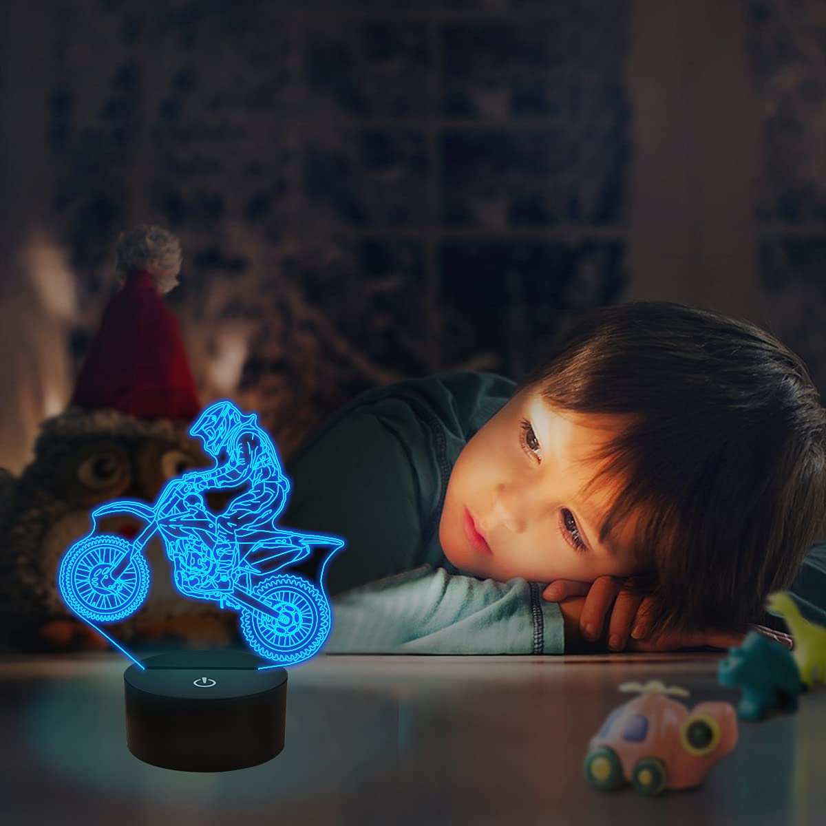 FULLOSUN 3D Night Light for Kids - Motocross Design, Remote Control, 16 Colors, Dim Function, Model FS-2810-9999, Blue-Motorcross