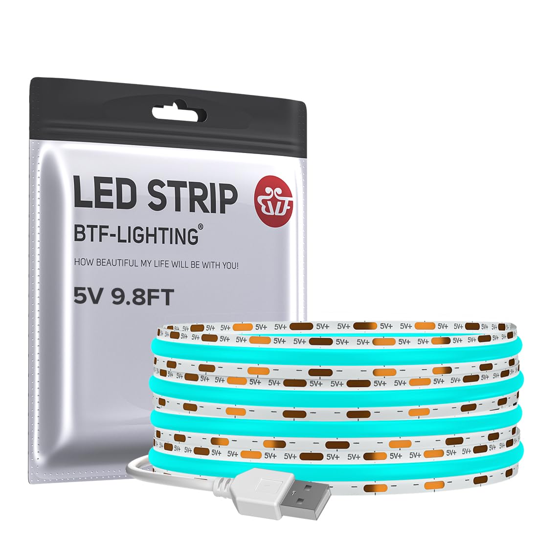 BTF-LIGHTING FCOB USB Powered Ice Blue COB LED Band Lights 9.8FT 960LEDs 5V 8mm Width 90+ High CRI Ultra Bright Flexible Light for TV Backlight Display Cabinet PC DIY Decor