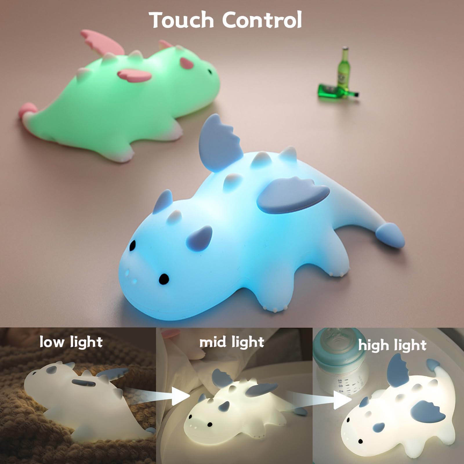AVEKI Milk Dragon Night Light for Kids, Dimmable Silicone Lamp, Rechargeable, Green, Model XR-MM-L2508