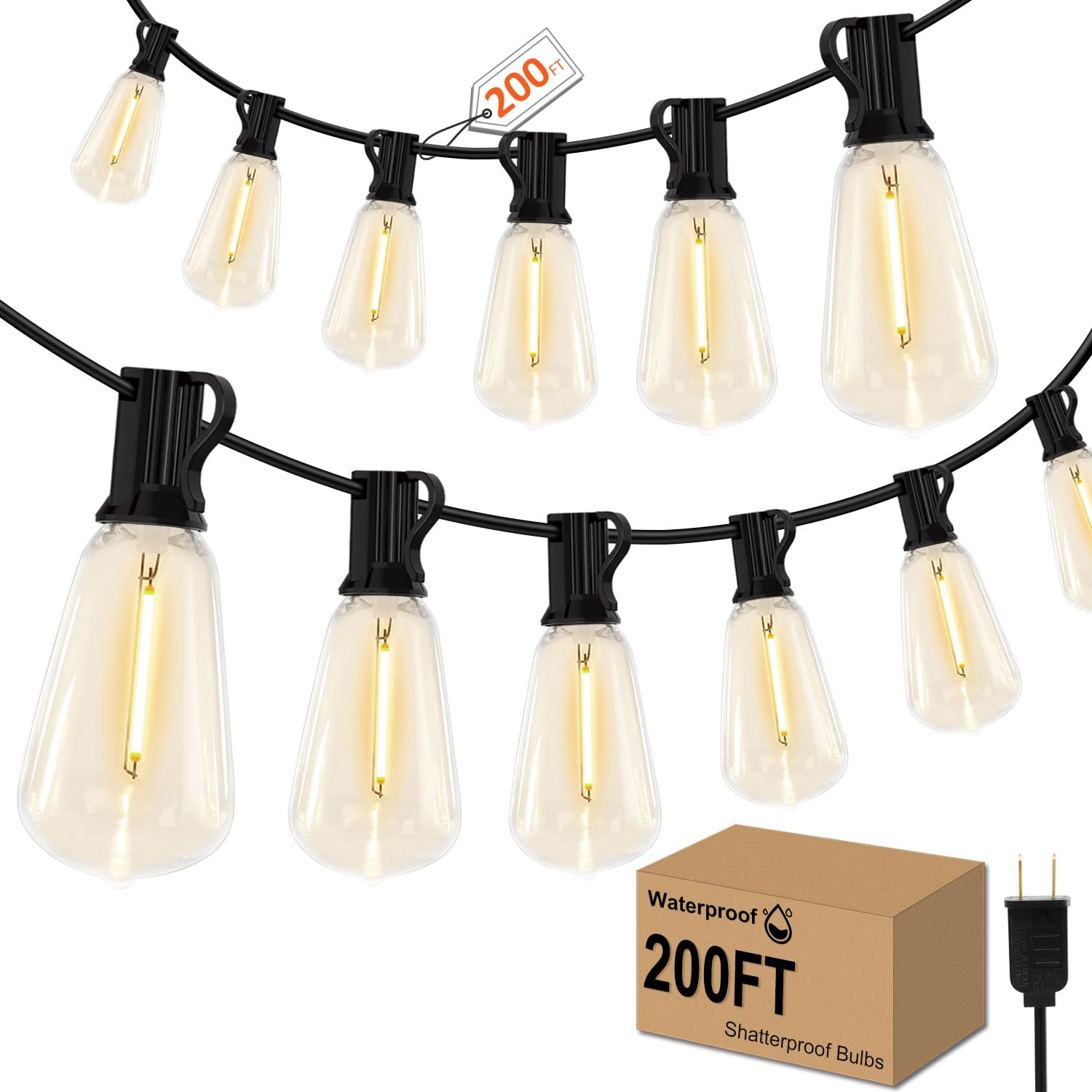 GHUSTAR LED Outdoor String Lights 200FT Vintage Edison Bulbs Waterproof Black Plug in CMC-O781