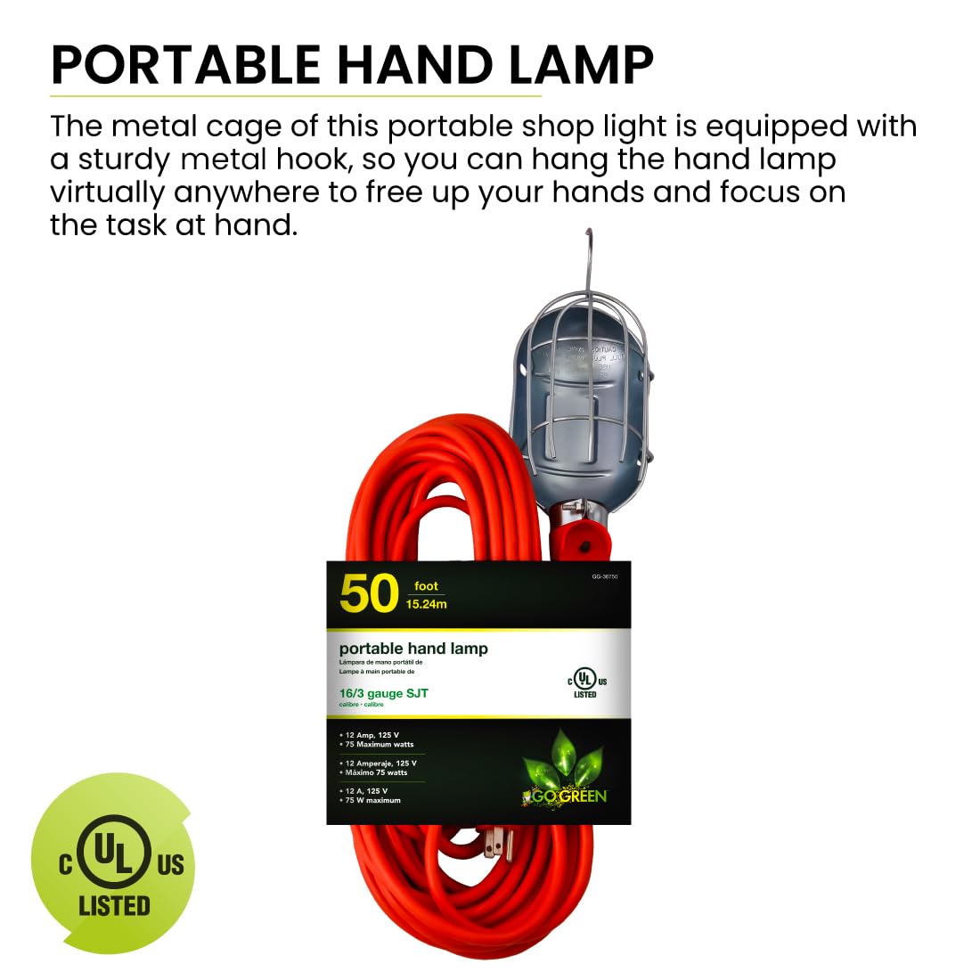 Go Green Power Inc. 50Ft Portable Hand Lamp With 16/3 Kink-Free Cord (Bulb Not Included)- Durable Construction, Swivel Hook, And