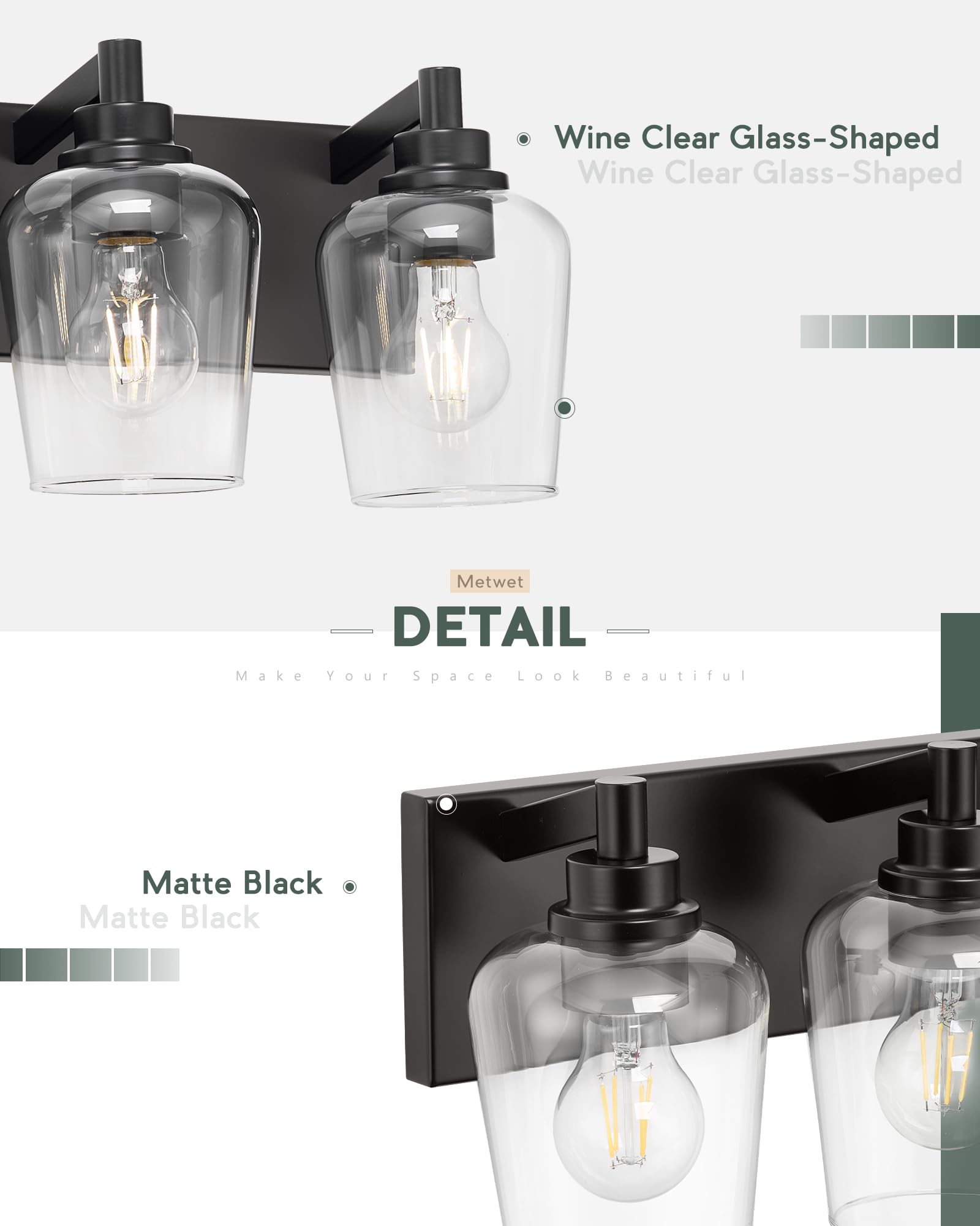 METWET 3-Light Bathroom Vanity Light, Modern Clear Glass Shades, Matte Black, Model VL155-MB-3