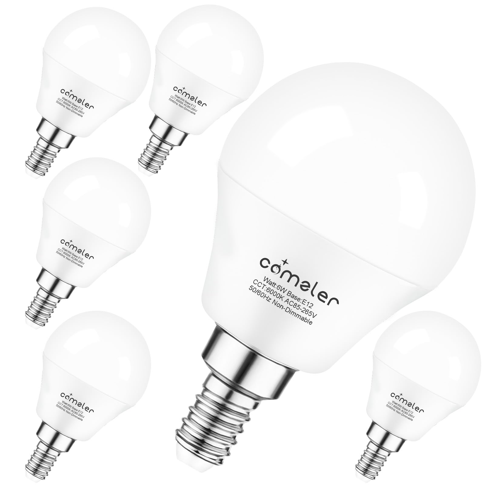 Comzler Led Light Bulbs, 60 Watt Equivalent 6000K Cool White Daylight A15 Ceiling Fan Bulbs, E12 Base Candelabra Small Light Bul