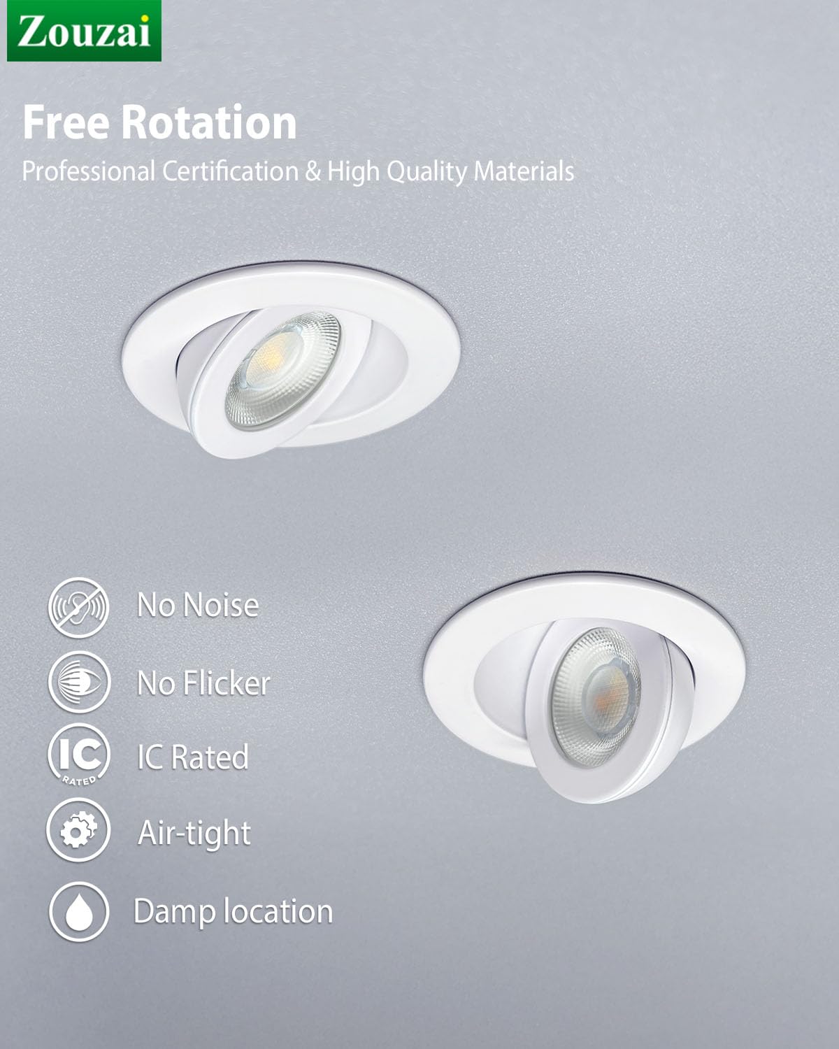 Zouzai 2 Inch 5CCT Gimbal LED Recessed Lighting, 360° Adjustable, 550LM, White - ETL Certified, 6 Pack