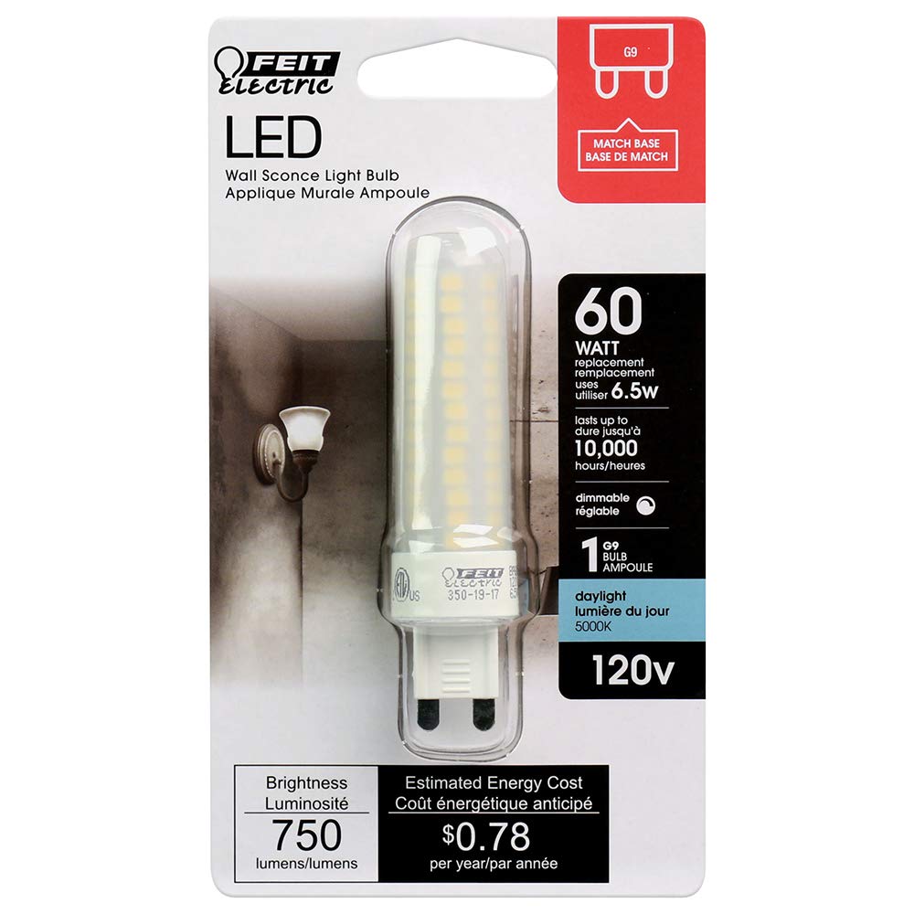 Feit Electric LED Light Bulb 60W EQ DM T4 5000K Daylight Plastic 3.3inH x 0.9inD Model BP60G9/850/LED