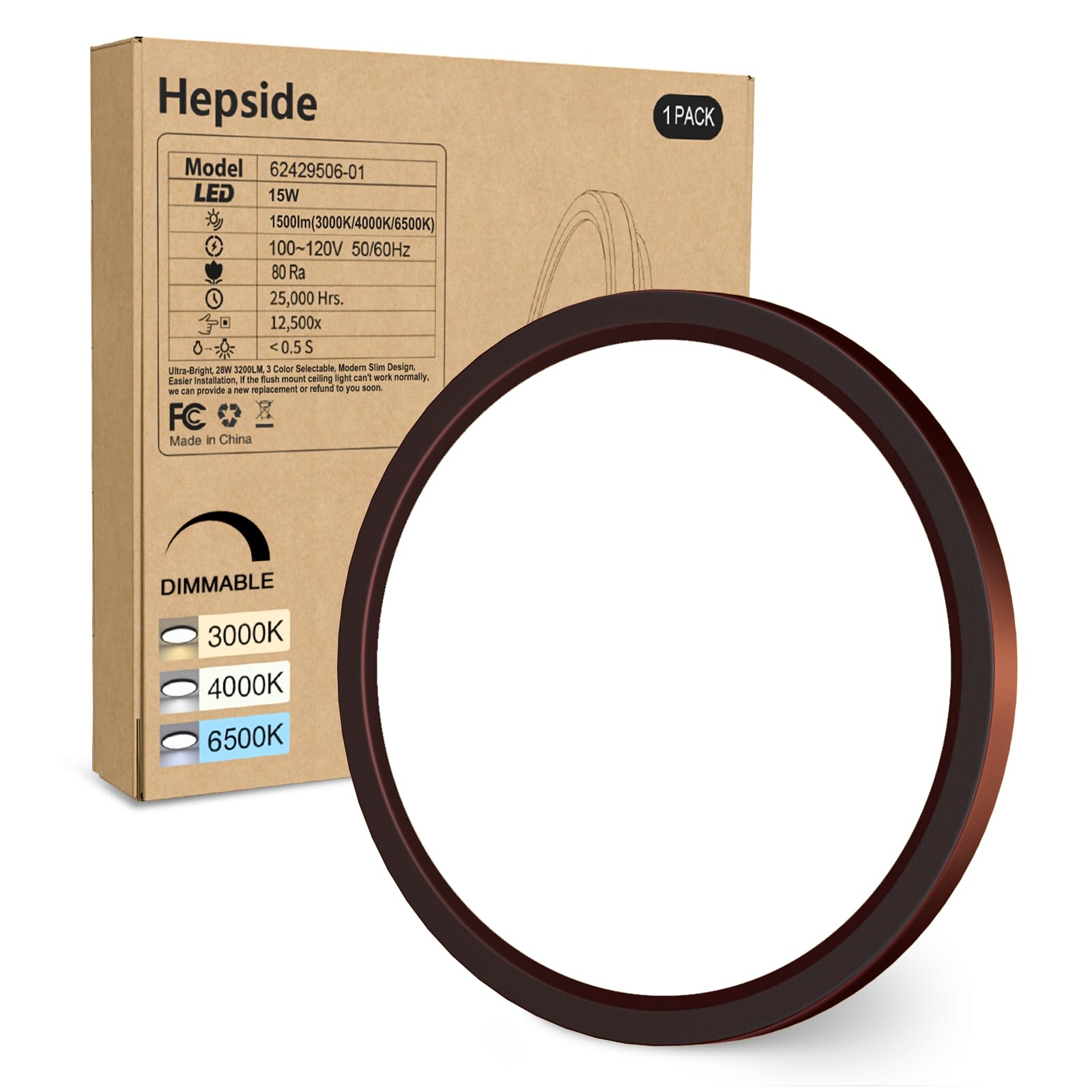 Hepside 1Pack Dimmable Flush Mount Ceiling Light Fixture Oil Rubbed Bronze, 3Cct Selectable 3000/4000/6500K Ceiling Lamp, 7.5Inc