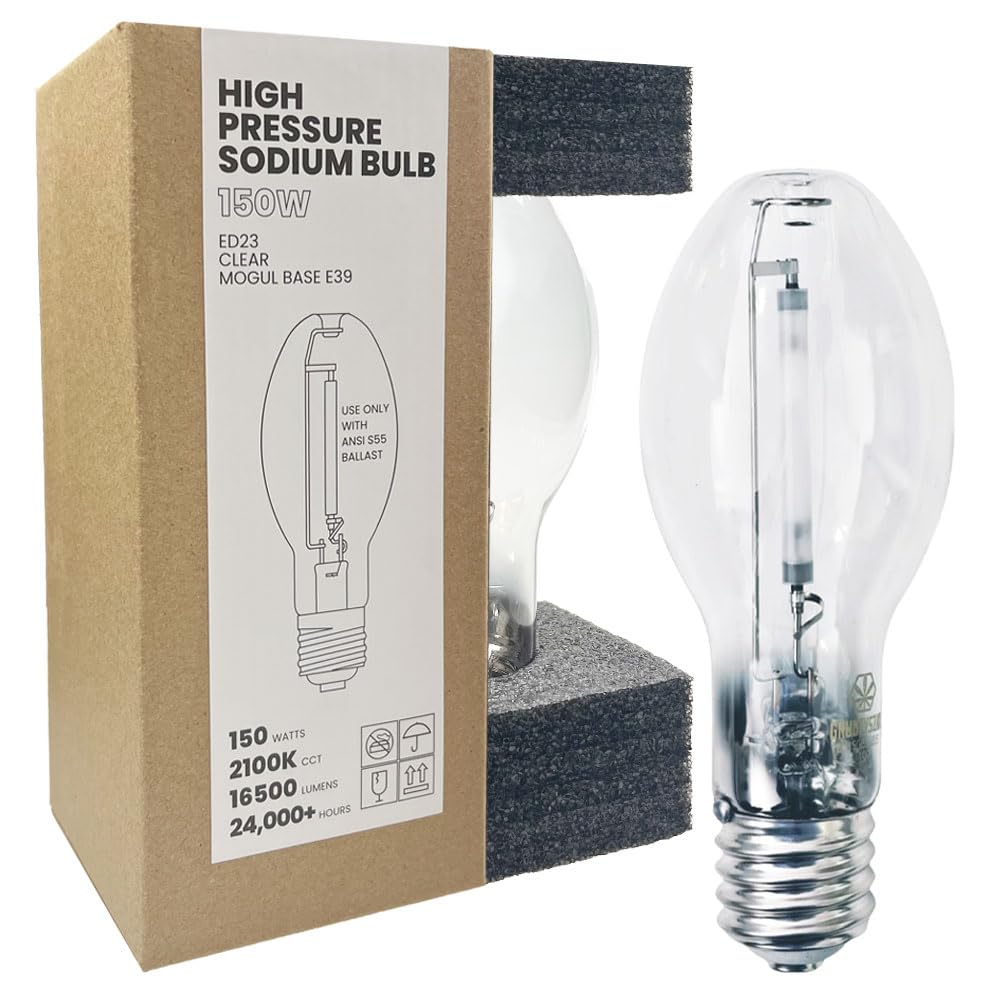 Gruotvszak Mogul Base (E39)  Lu150/Mog 150 Watt High Pressure Sodium Light Bulb  Ansi Code S55  16500 Lumen  24000 Life Hours  Ed23 Clear Bulb  2100K