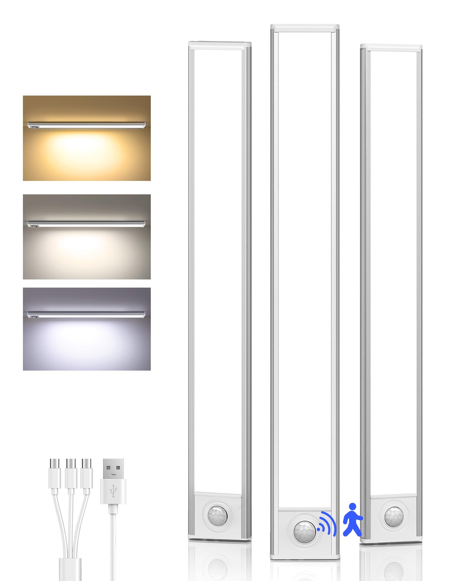 AMETHEUS Under Cabinet Lighting, Wireless Motion Sensor LED Lights, 3 Color Dimmable, 12in, 3 Pack, Rechargeable Battery