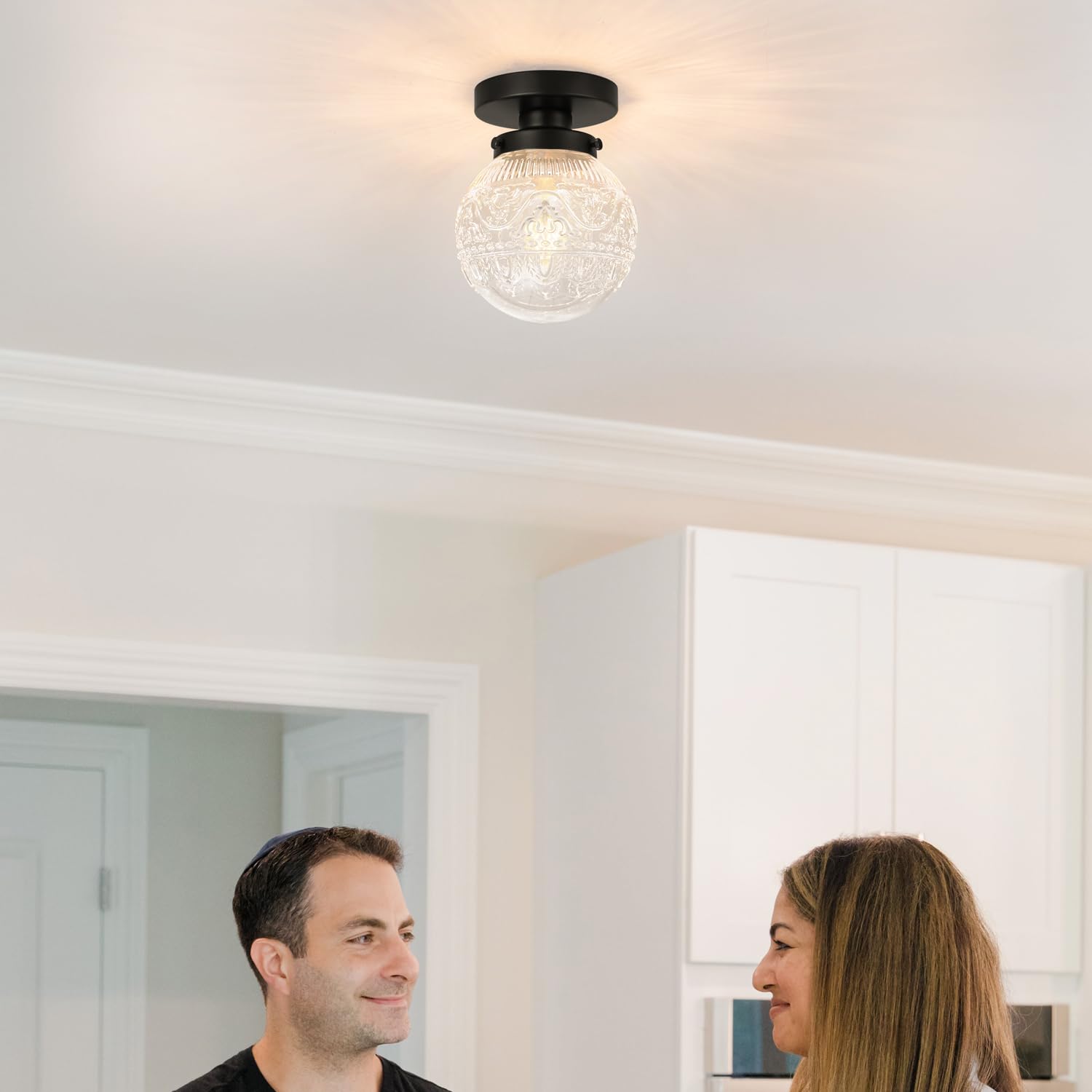 Daunton Semi Flush Mount Ceiling Light Fixtures, Vintage Globe Glass Ceiling Light Fixture, Antique Small Black Hallway Light Fixtures For Bedroom, Closet, Entryway, Bathroom, Kitchen