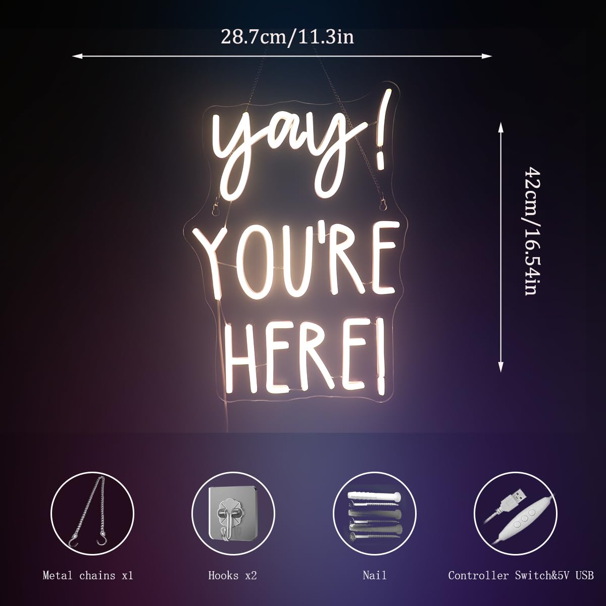 QiaoFei Neon Sign - "Yay! You're Here!" Positive Quotes Wall Decor, 12" Square, White, Silicone, Model QFLGT240914013