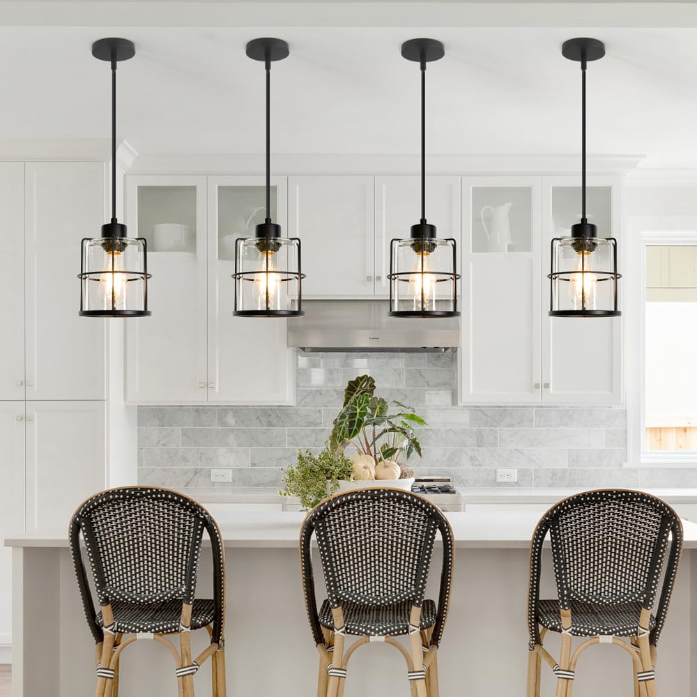 DSMJFU Farmhouse Pendant Lights Set of 2, Black Metal with Clear Glass, Adjustable Rods, Industrial Style for Kitchen Island and Bathroom