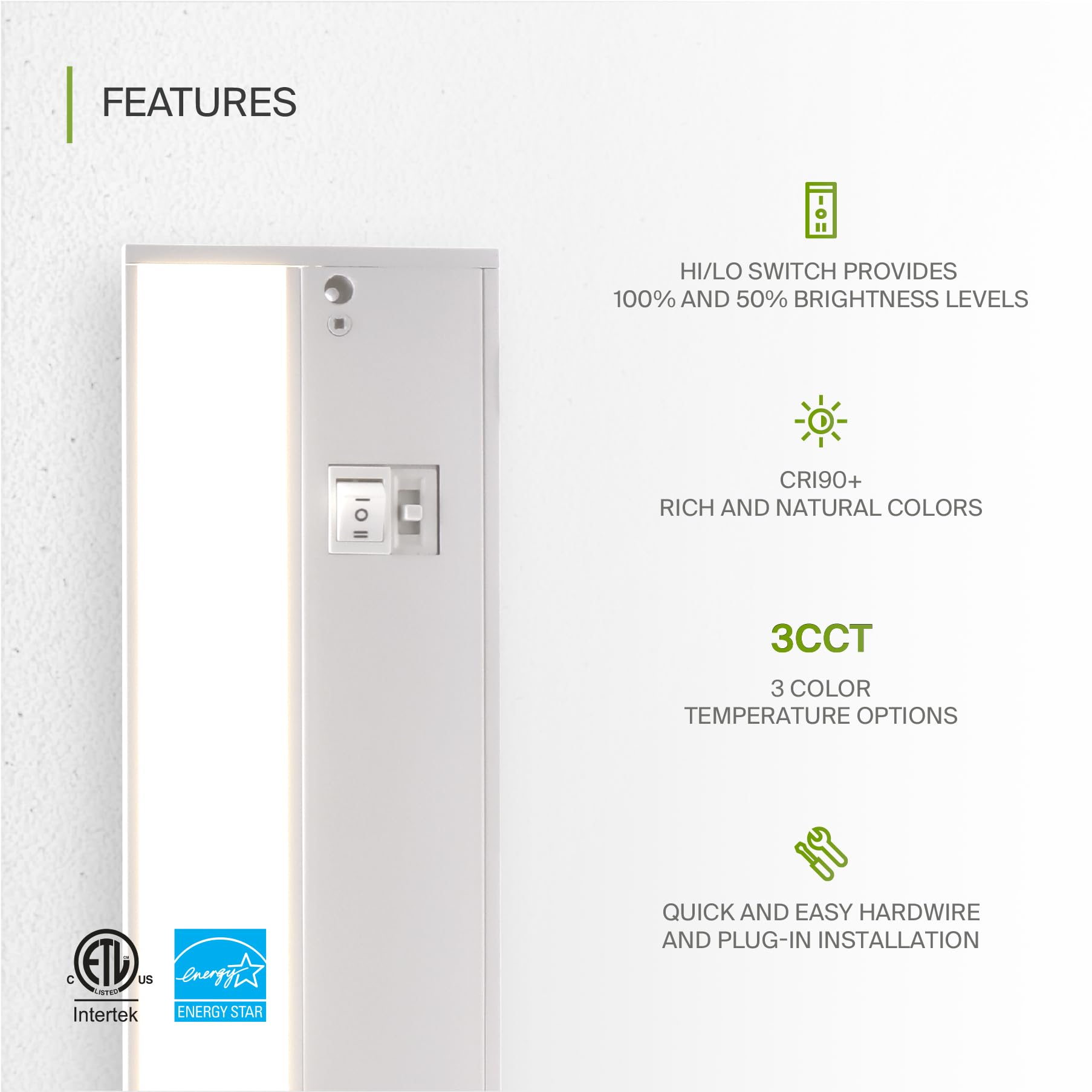 Asd Led Under Cabinet Lighting, 9 Inch, Dimmable, Hardwired/Plug-In, 3 Color Levels, Aluminum, White Finish, Model A-Ucl-9D3Cc-W